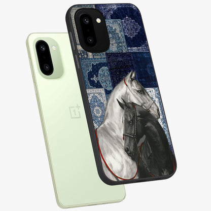 Midnight Stallion Blues Glass Case for 1+15R angled mockup showcasing glossy finish and dramatic equestrian detailing
