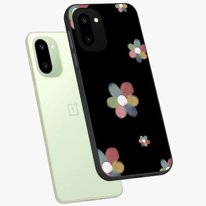 Minimal Floral Charm Glass Case for 1+15R angled mockup showcasing glossy finish and soft pastel tones