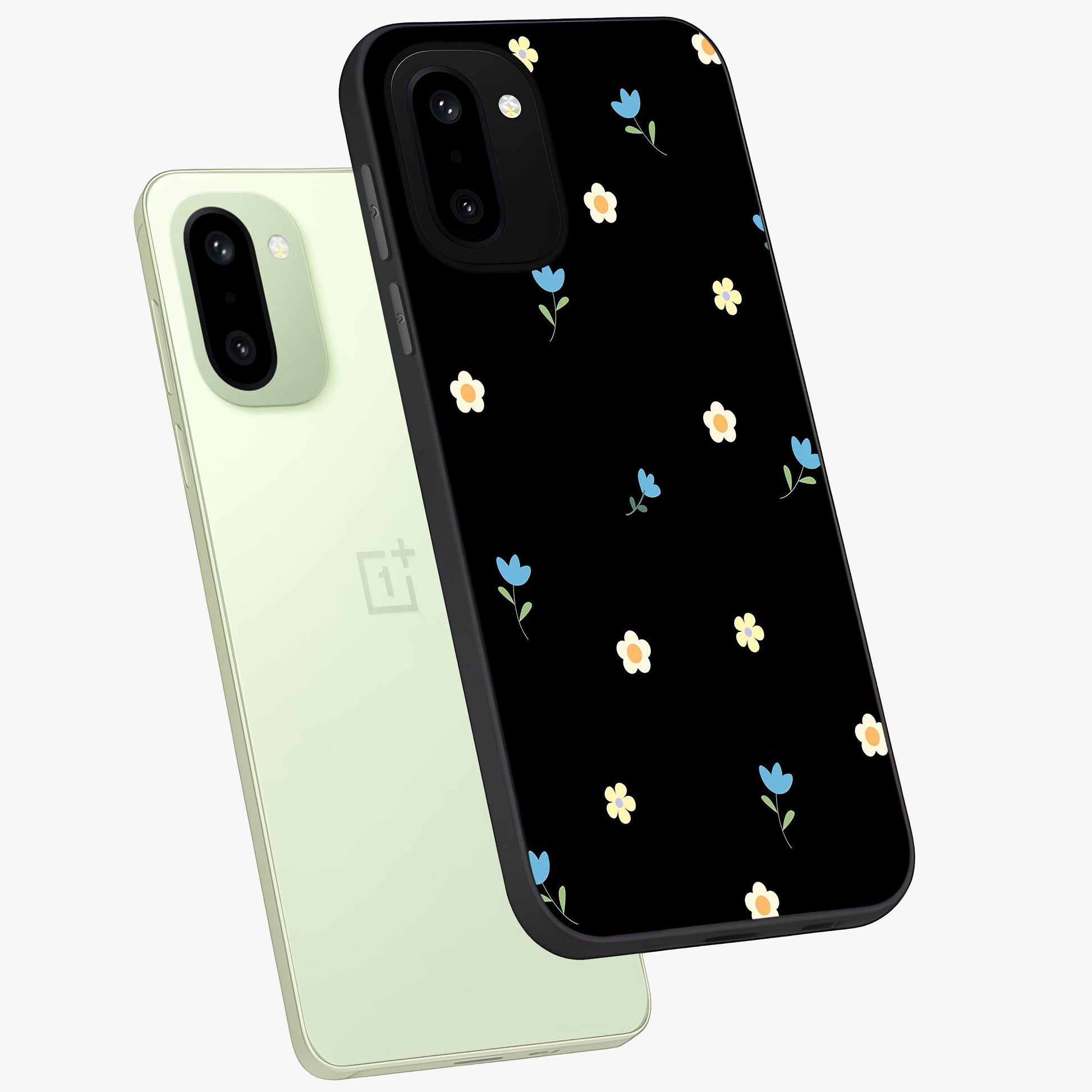 Minimalistic Blue With White Flower Pattern Glass Case for 1+15R angled mockup showcasing glossy finish and crisp clean detailing