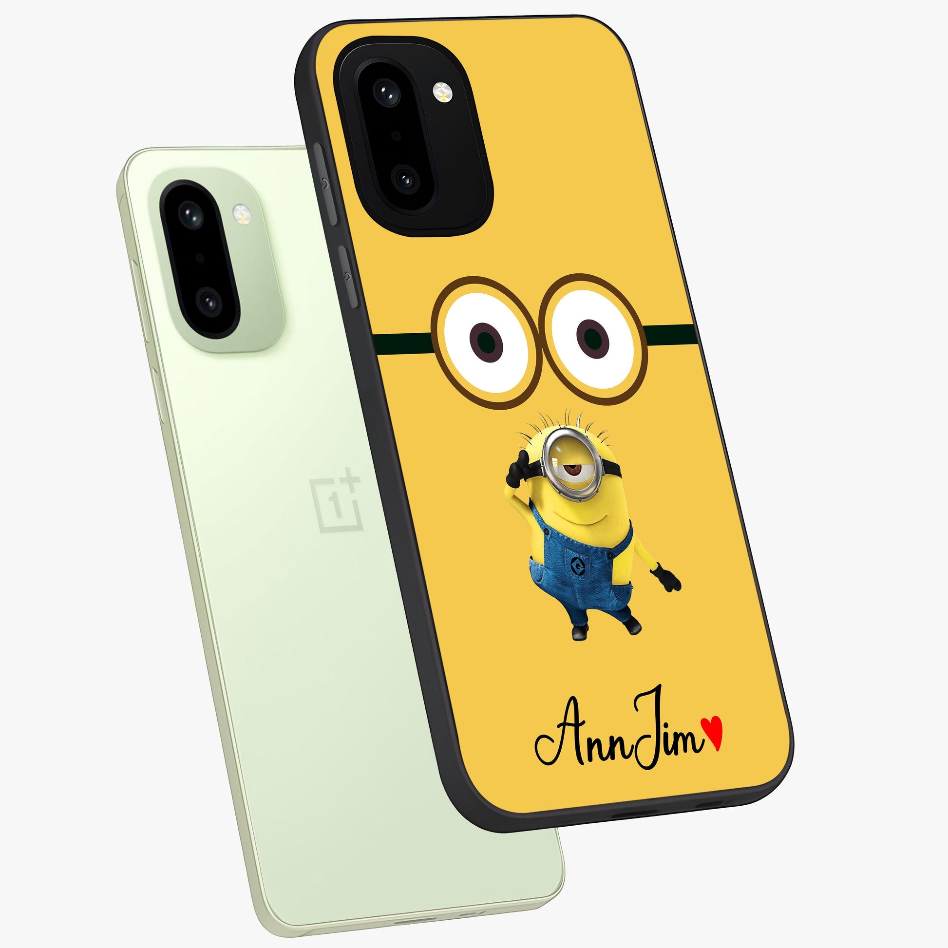 Minion Custom Name Glass Case for 1+15R angled mockup showcasing glossy finish and vibrant character detailing