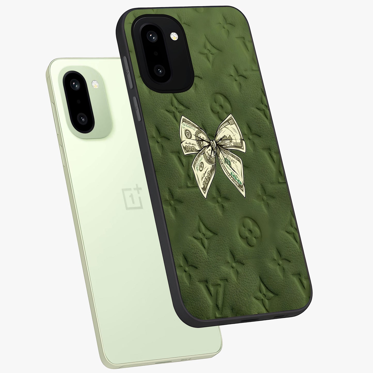 Money Bow Lv Glass Case for 1+15R angled mockup showcasing glossy finish and premium aesthetic detailing