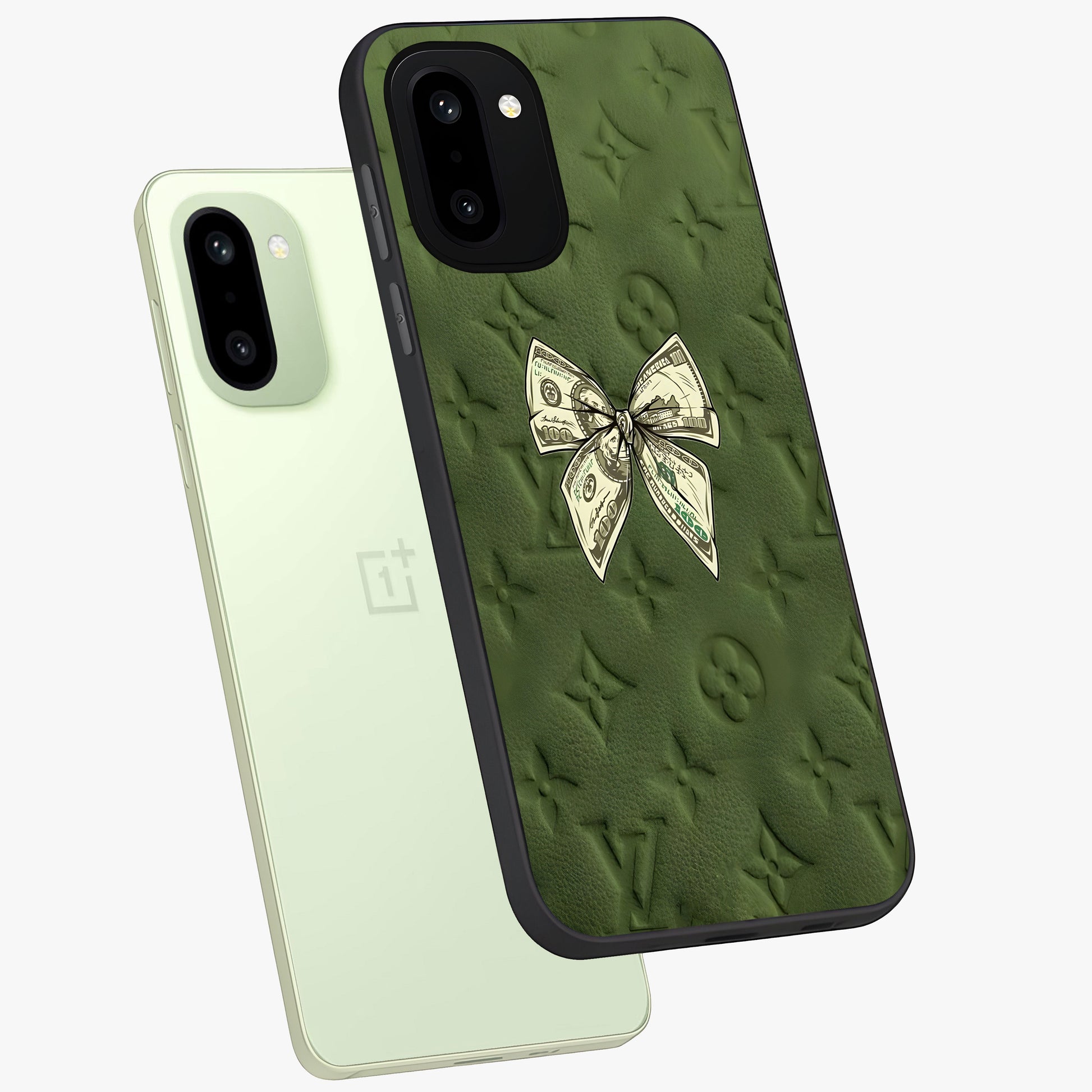 Money Bow Lv Glass Case for 1+15R angled mockup showcasing glossy finish and premium aesthetic detailing