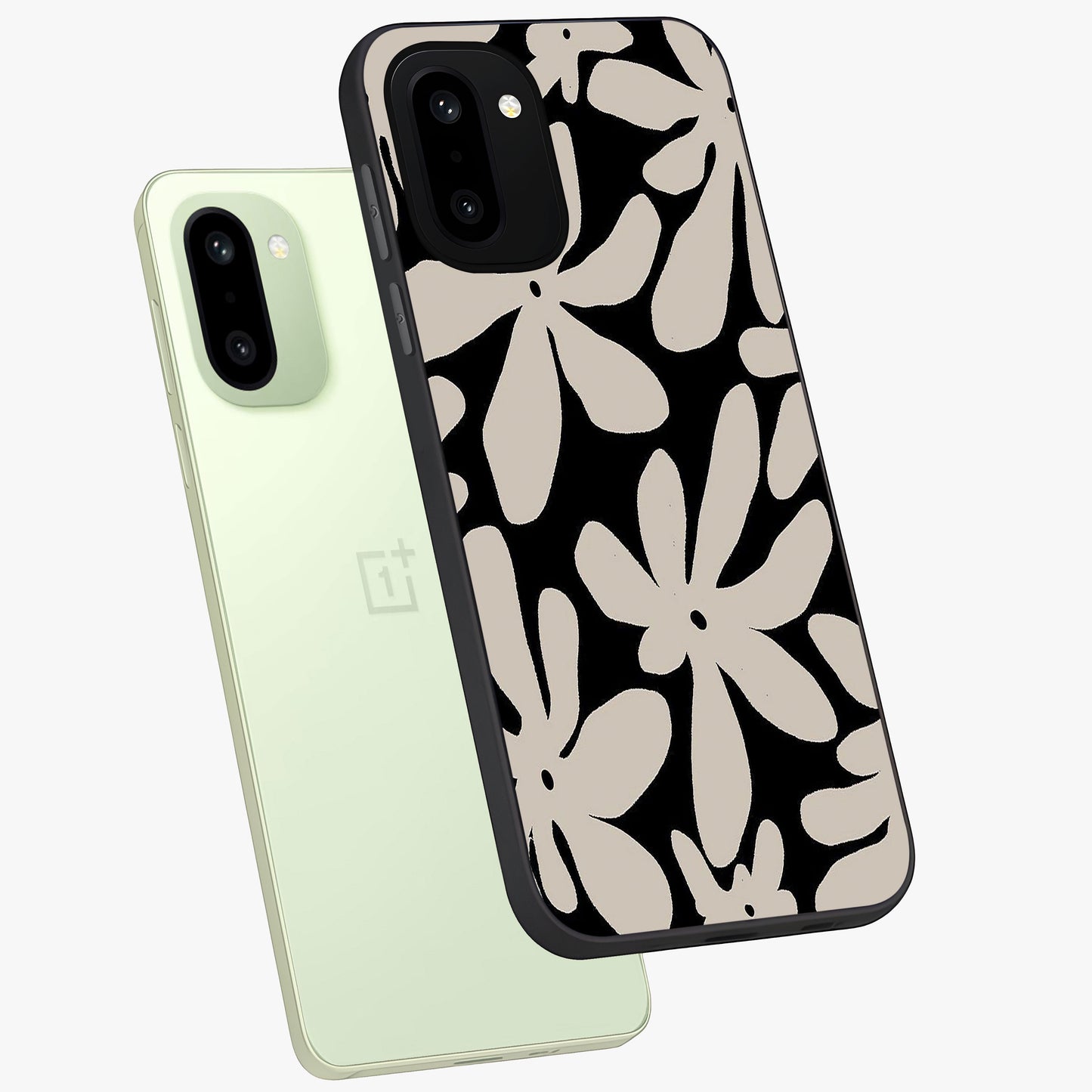 Monochrome Petal Dance Glass Case for 1+15R angled mockup showcasing glossy finish and elegant contrast detailing