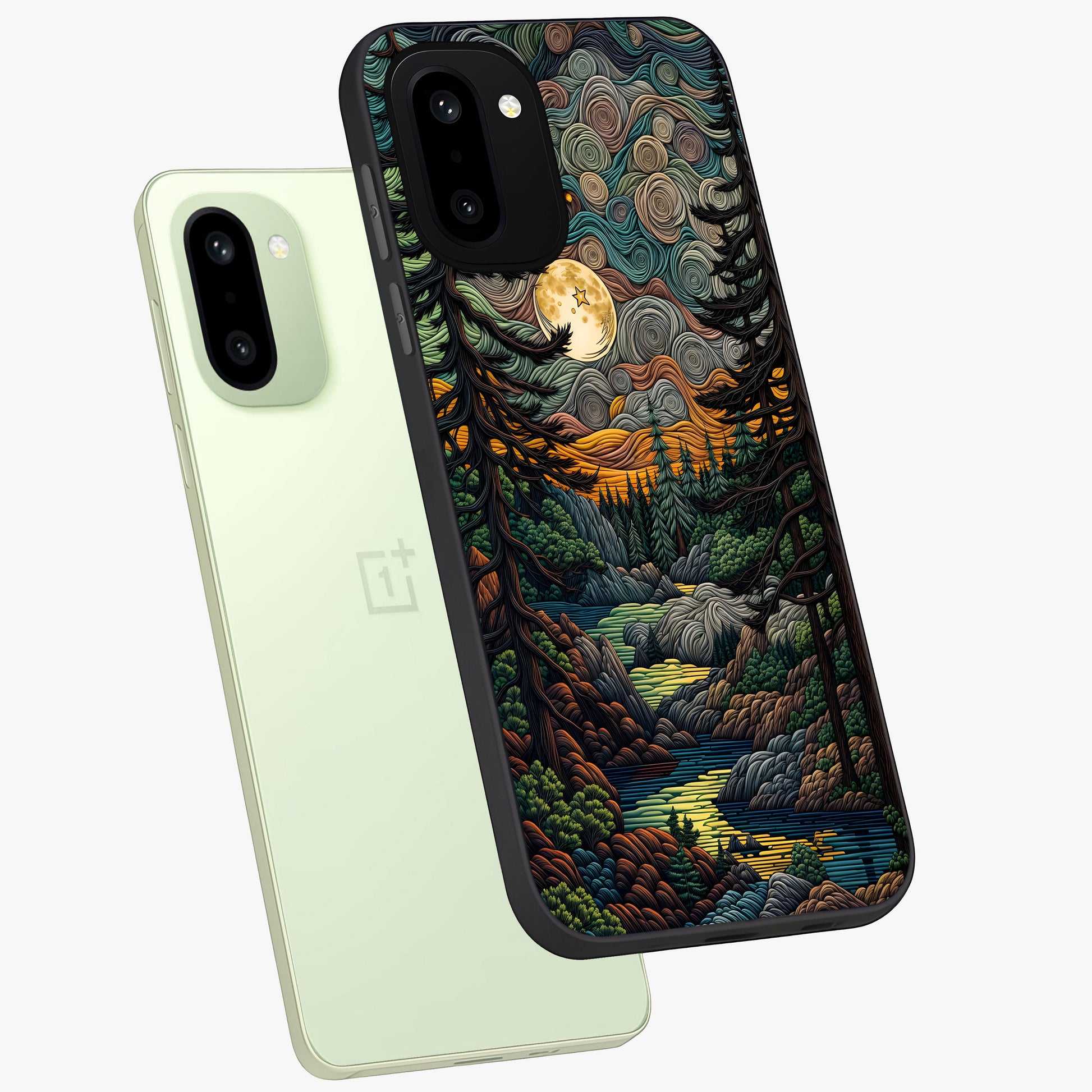 Moonlight Forest Dream Glass Case for 1+15R angled mockup showcasing glossy finish and deep night gradients