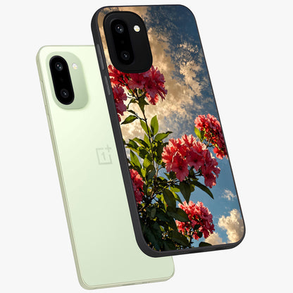 Moonlit Blossom Charm Glass Case for 1+15R angled mockup showcasing glossy glass finish and delicate bloom detailing