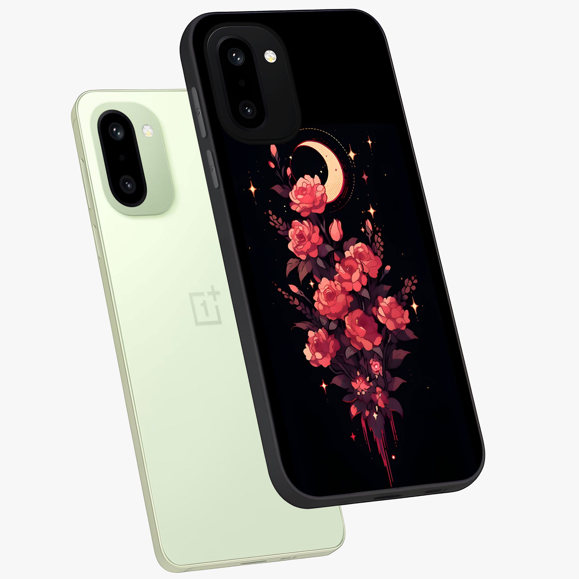 Moonlit Floral Elegance Glass Case for 1+15R angled mockup showcasing glossy finish and rich night tones