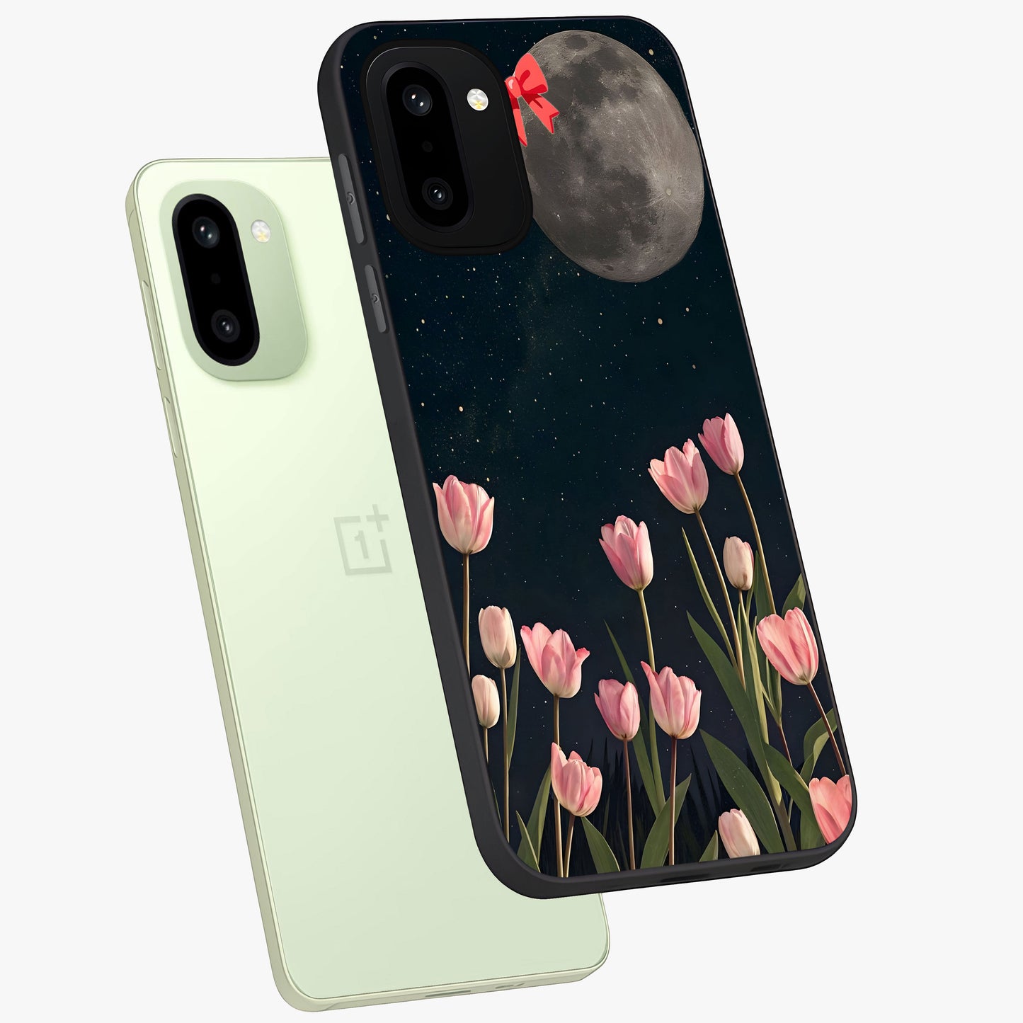 Moonlit Night Tulip Glass Case for 1+15R angled mockup showcasing glossy finish and soft luminous accents