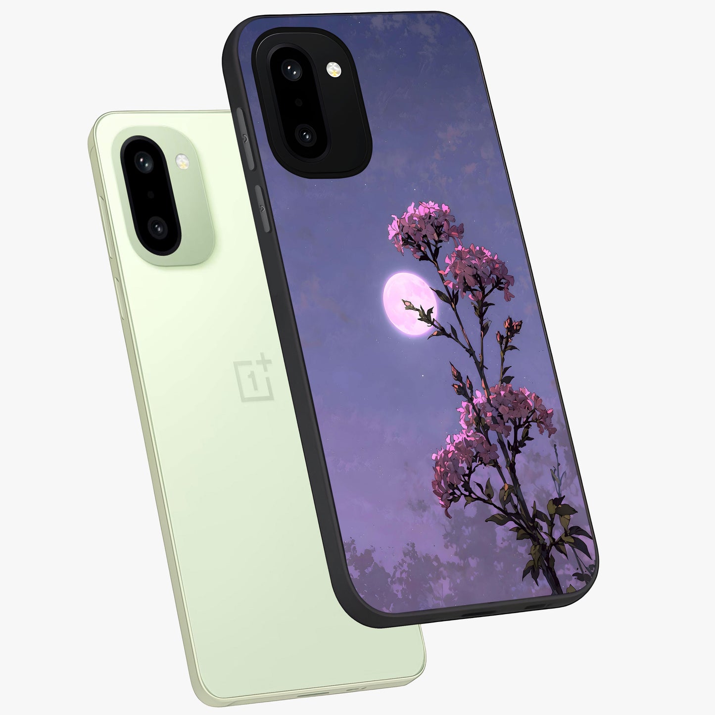 Moonlit Petal Night Glass Case for 1+15R angled mockup showcasing glossy finish and subtle moonlight detailing