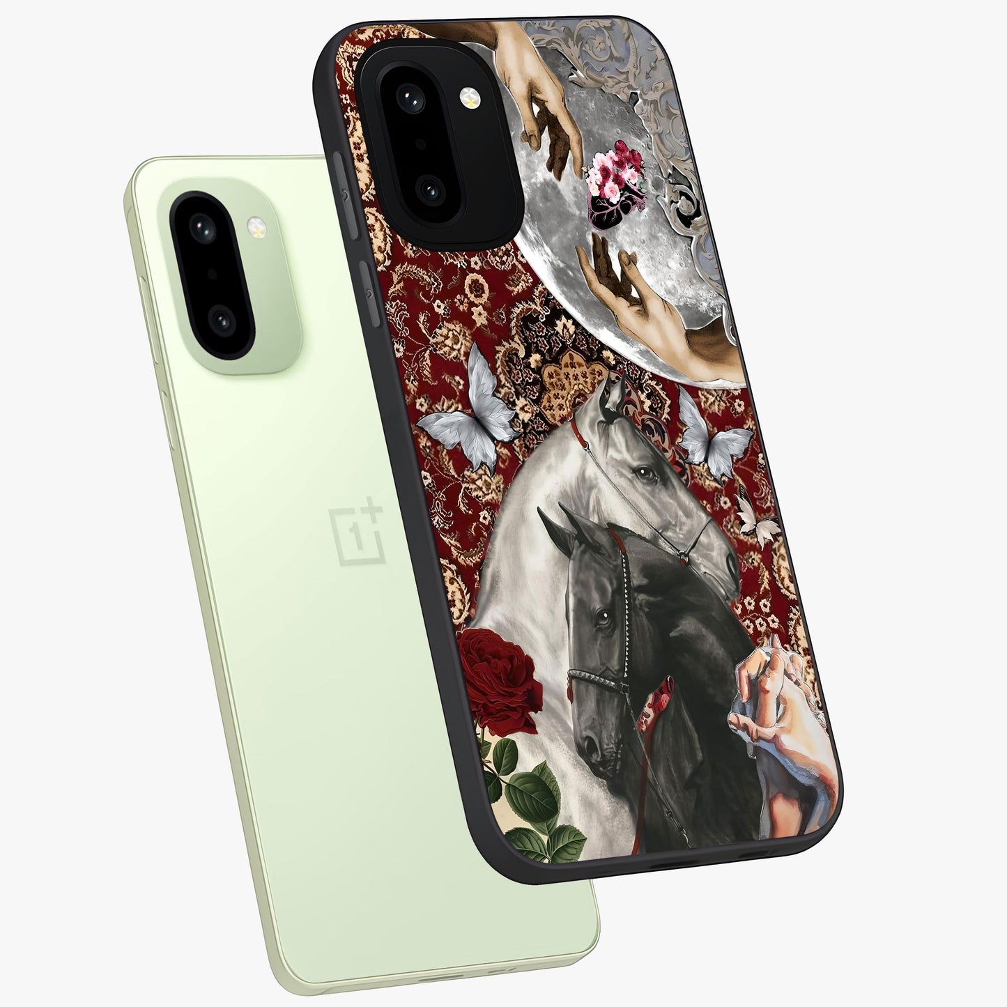 Moonlit Royal Stallion Glass Case for 1+15R angled mockup showcasing glossy finish and deep midnight tones