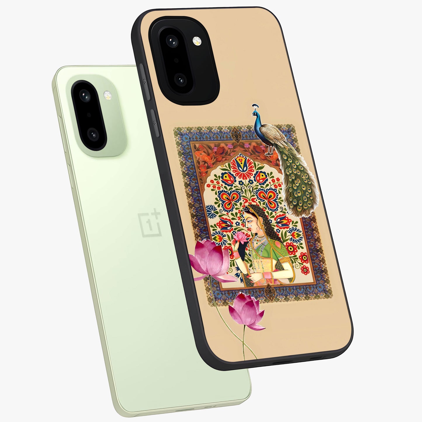 Mughal Princess and Peacock Glass Case for 1+15R angled mockup showcasing glossy finish and rich heritage tones