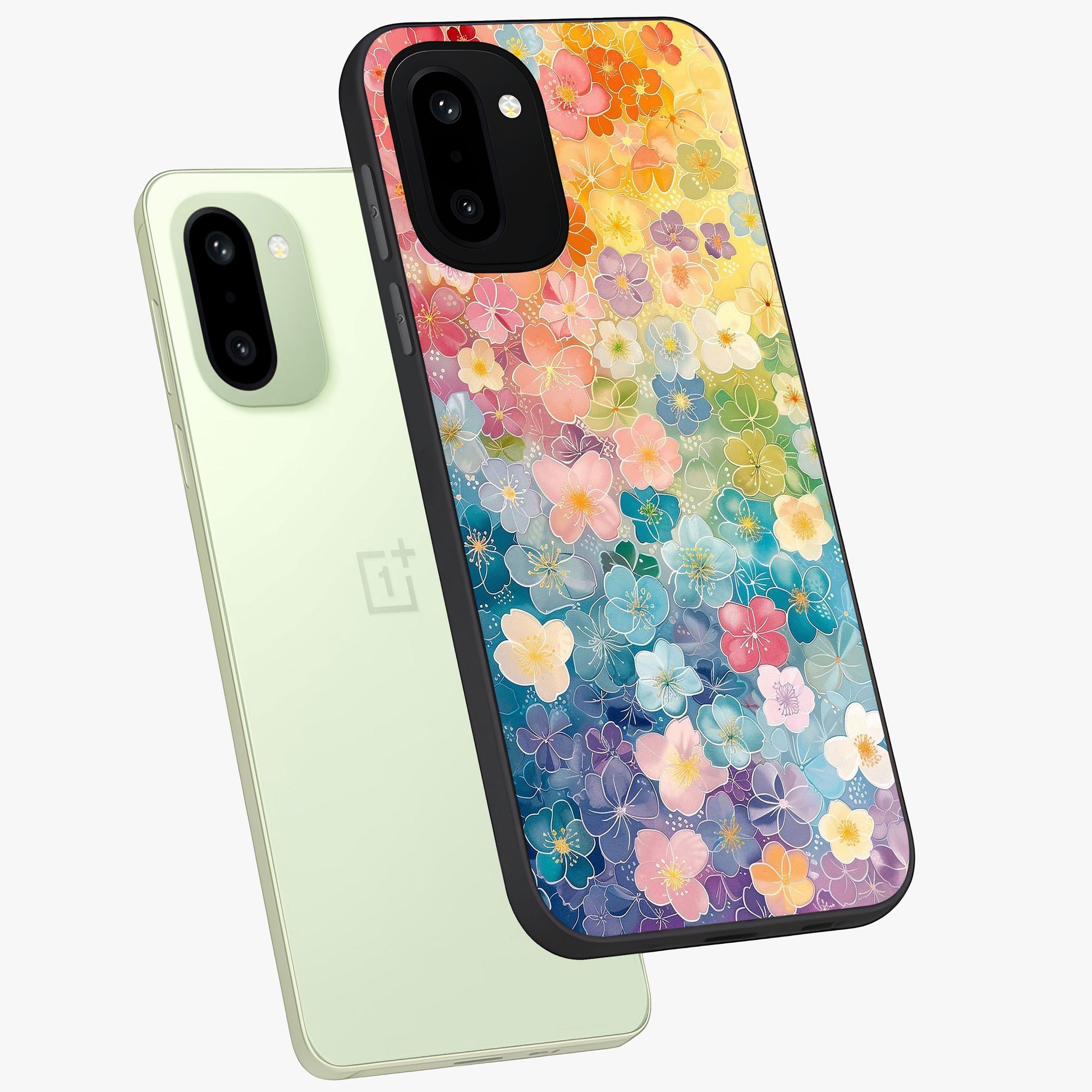 Multiple Background With Flower Glass Case for 1+15R angled mockup showcasing glossy glass finish and colorful detailing