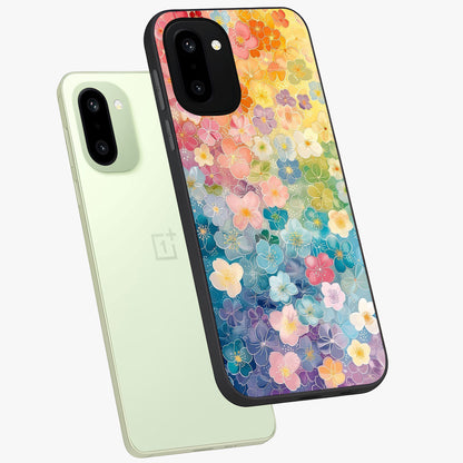 Multiple Background With Flower Glass Case for 1+15R angled mockup showcasing glossy glass finish and colorful detailing