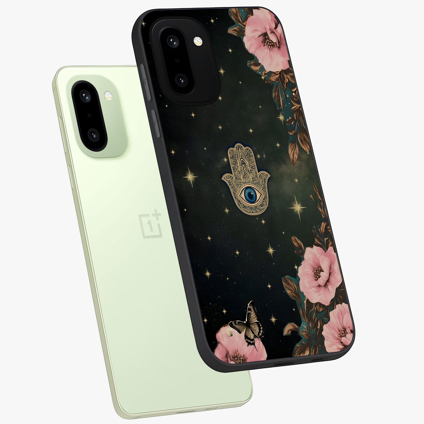 Mystic Bloom Protection Glass Case for 1+15R angled mockup showcasing glossy finish and vibrant spiritual tones