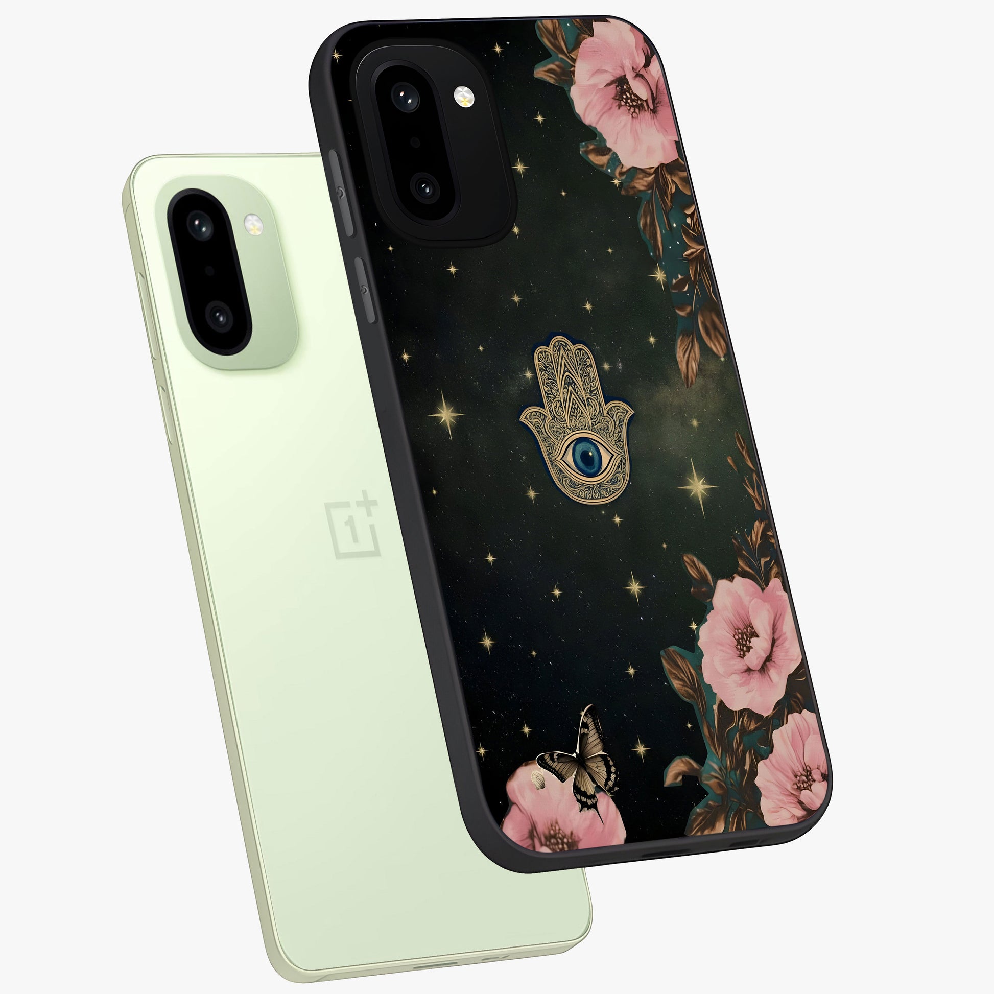 Mystic Bloom Protection Glass Case for 1+15R angled mockup showcasing glossy finish and vibrant spiritual tones