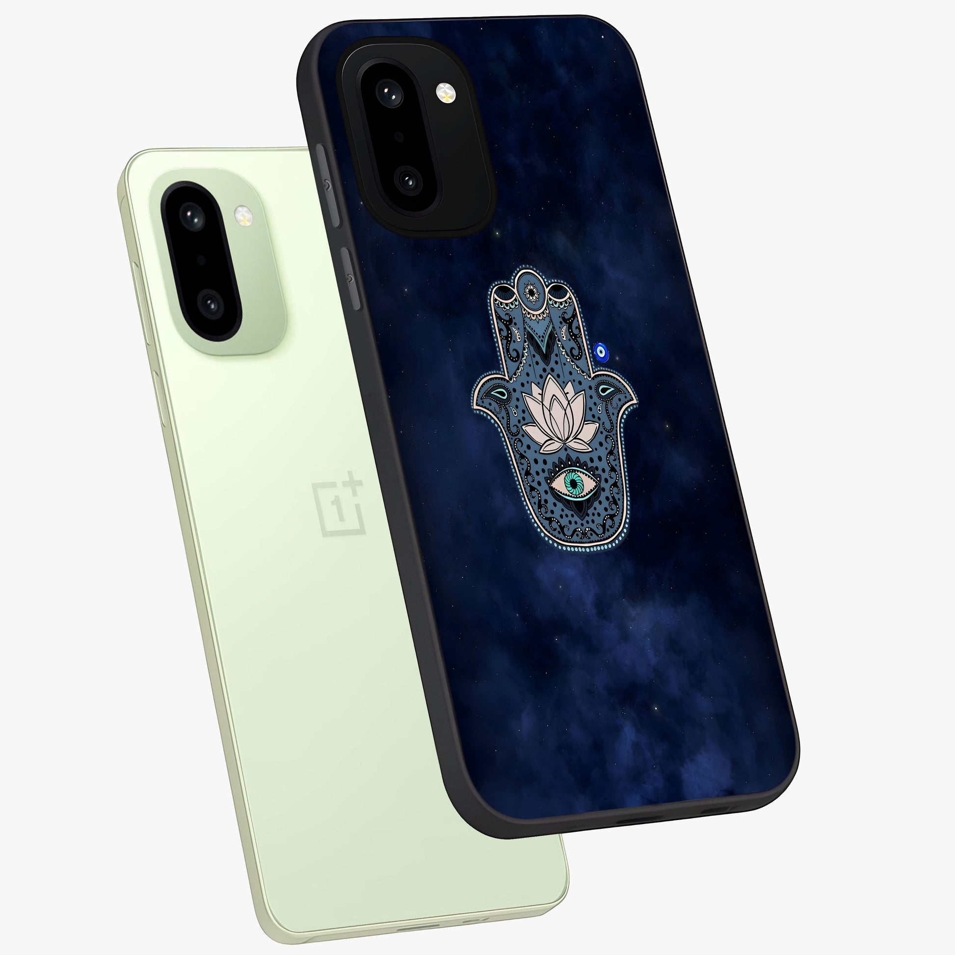 Mystic Calm Shield Glass Case for 1+15R angled mockup showcasing glossy finish and subtle mystical detailing
