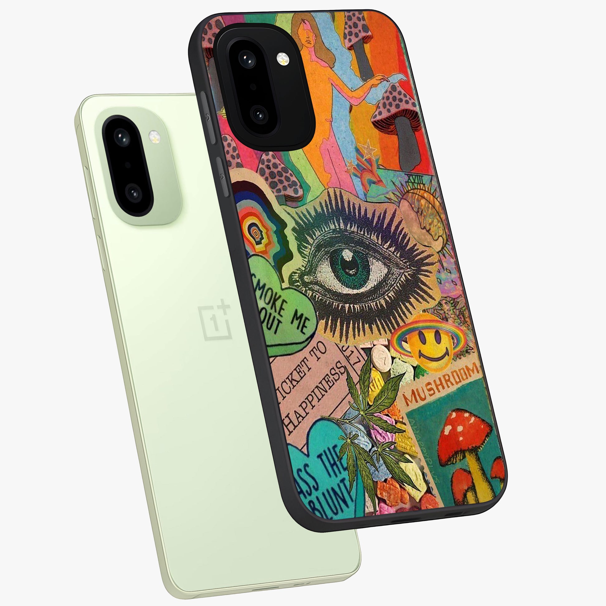 Mystic Eye Wonderland Glass Case for 1+15R angled mockup showcasing glossy finish and vibrant cosmic tones