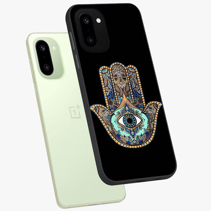 Mystic Hamsa Eye Glass Case for 1+15R angled mockup showcasing glossy finish and protective design elements