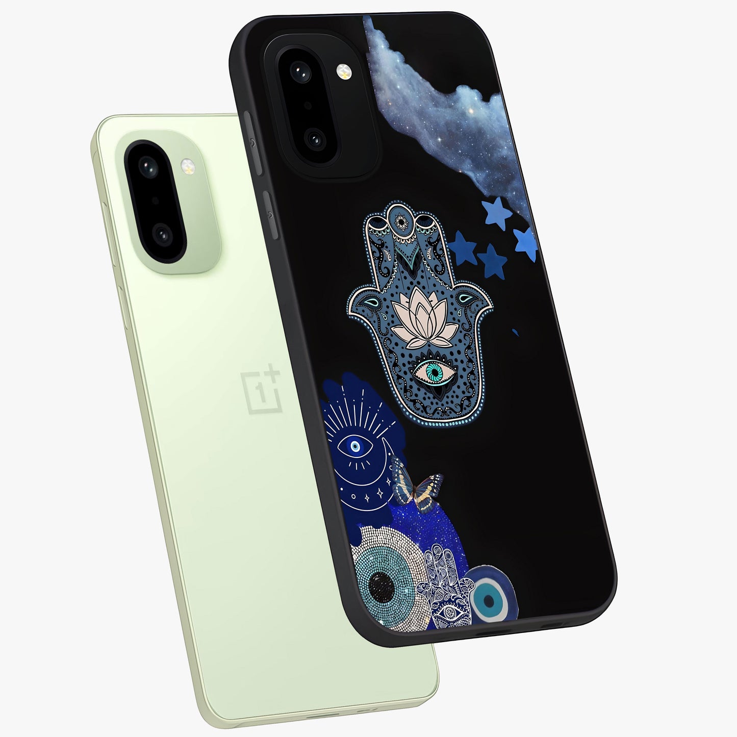 Mystic Hand Aura Glass Case for 1+15R angled mockup showcasing glossy finish and radiant mystical detailing