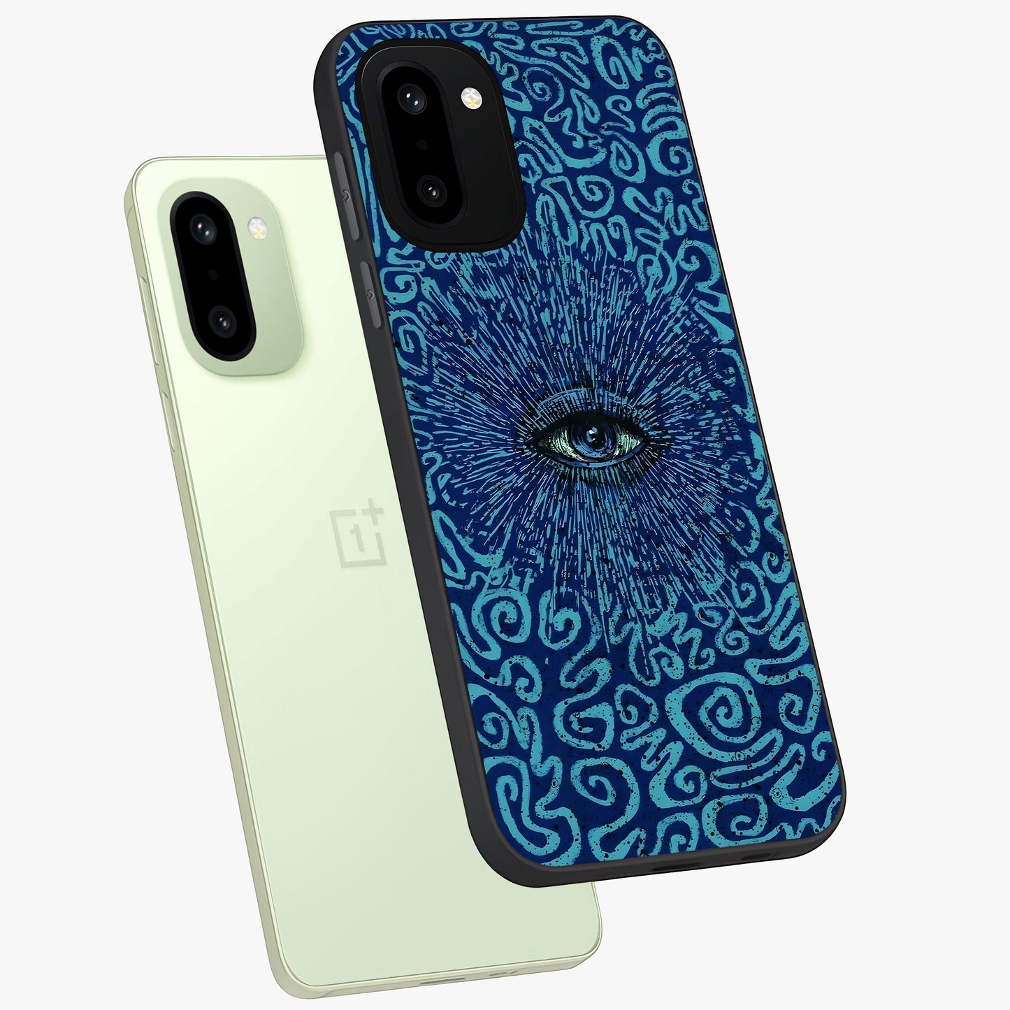 Mystic Inner Eye Glass Case for 1+15R angled mockup showcasing glossy finish and deep cosmic gradients