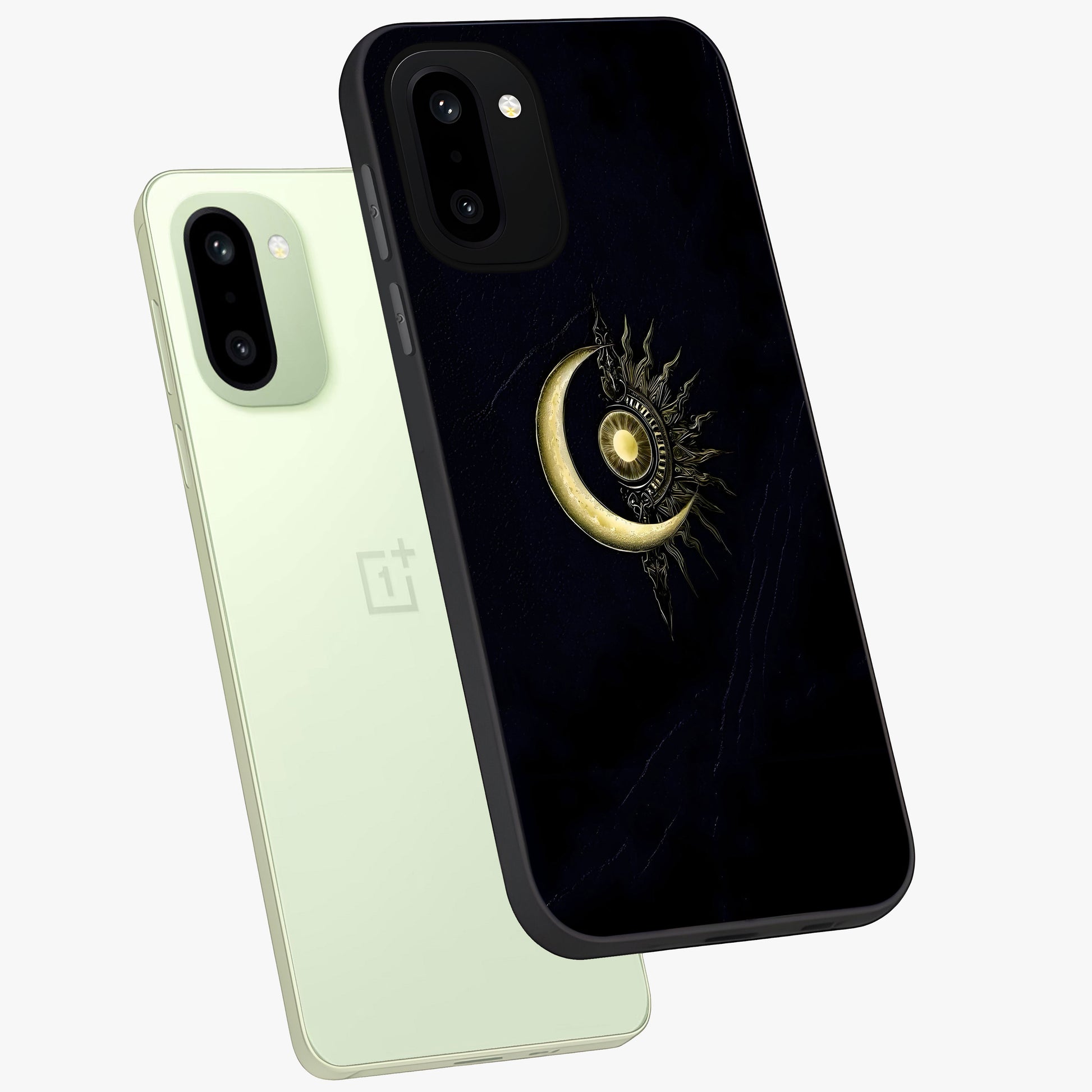 Mystic Lunar Flame Glass Case for 1+15R angled mockup showcasing glossy finish and glowing night tones