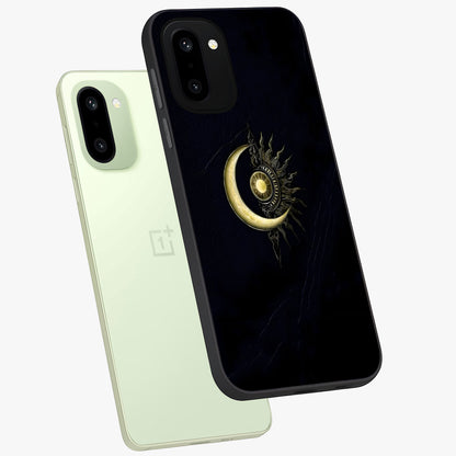 Mystic Lunar Flame Glass Case for 1+15R angled mockup showcasing glossy finish and glowing night tones