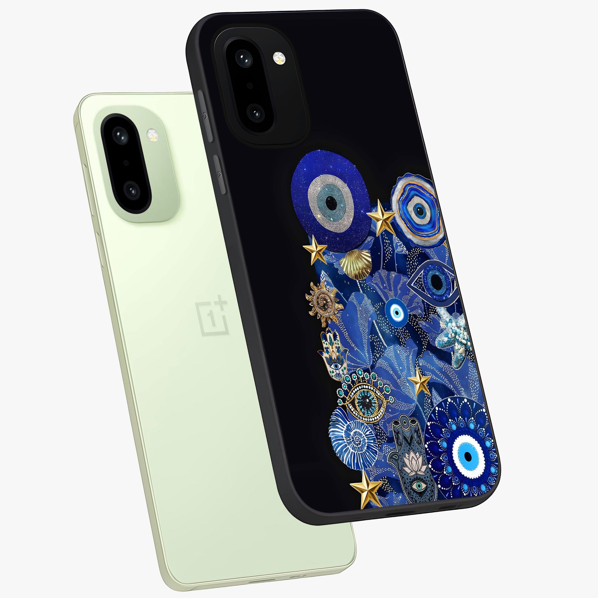 Mystic Ocean Eye Glass Case for 1+15R angled mockup showcasing glossy finish and fluid wave detailing