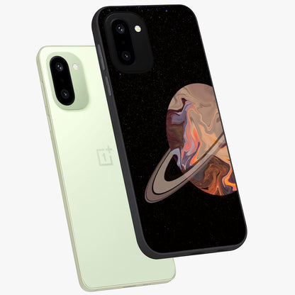 Mystic Saturn Aesthetic Glass Case for 1+15R angled mockup showcasing glossy finish and deep space gradients