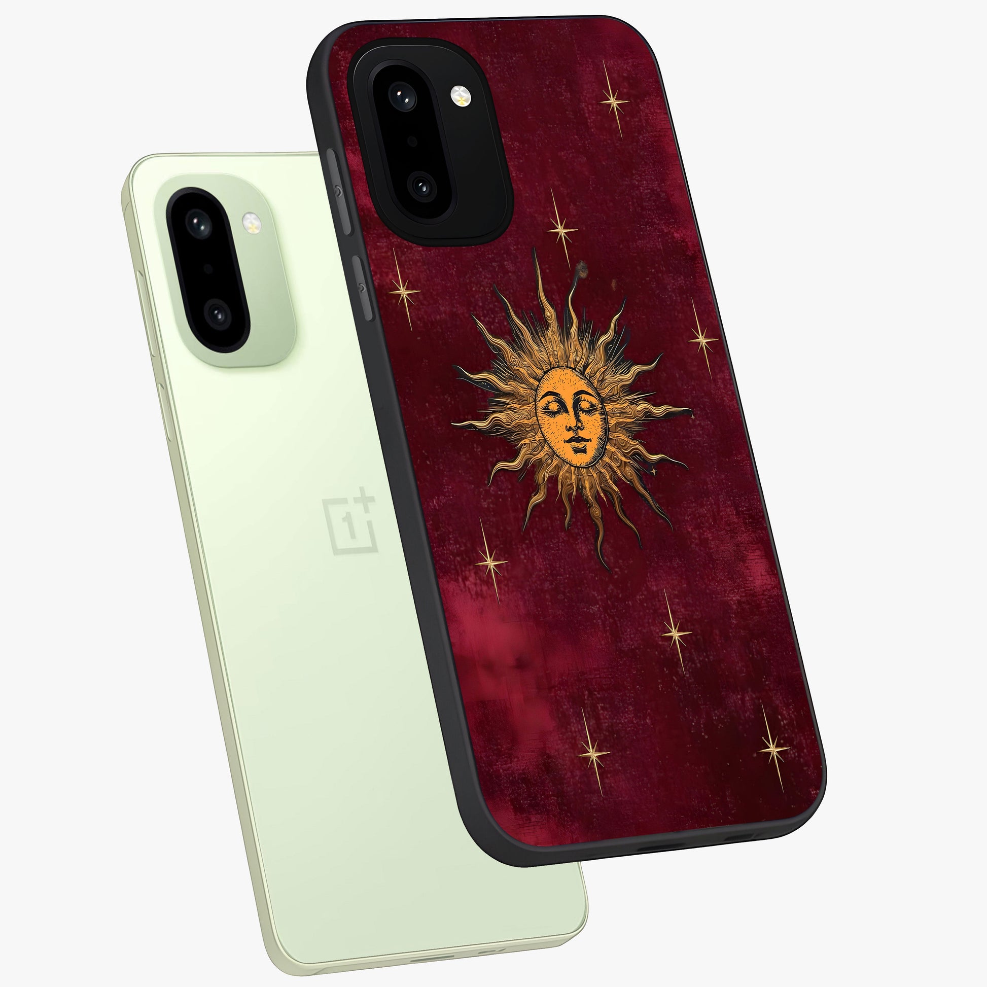 Mystic Solar Glow Glass Case for 1+15R angled mockup showcasing glossy glass finish and warm golden tones