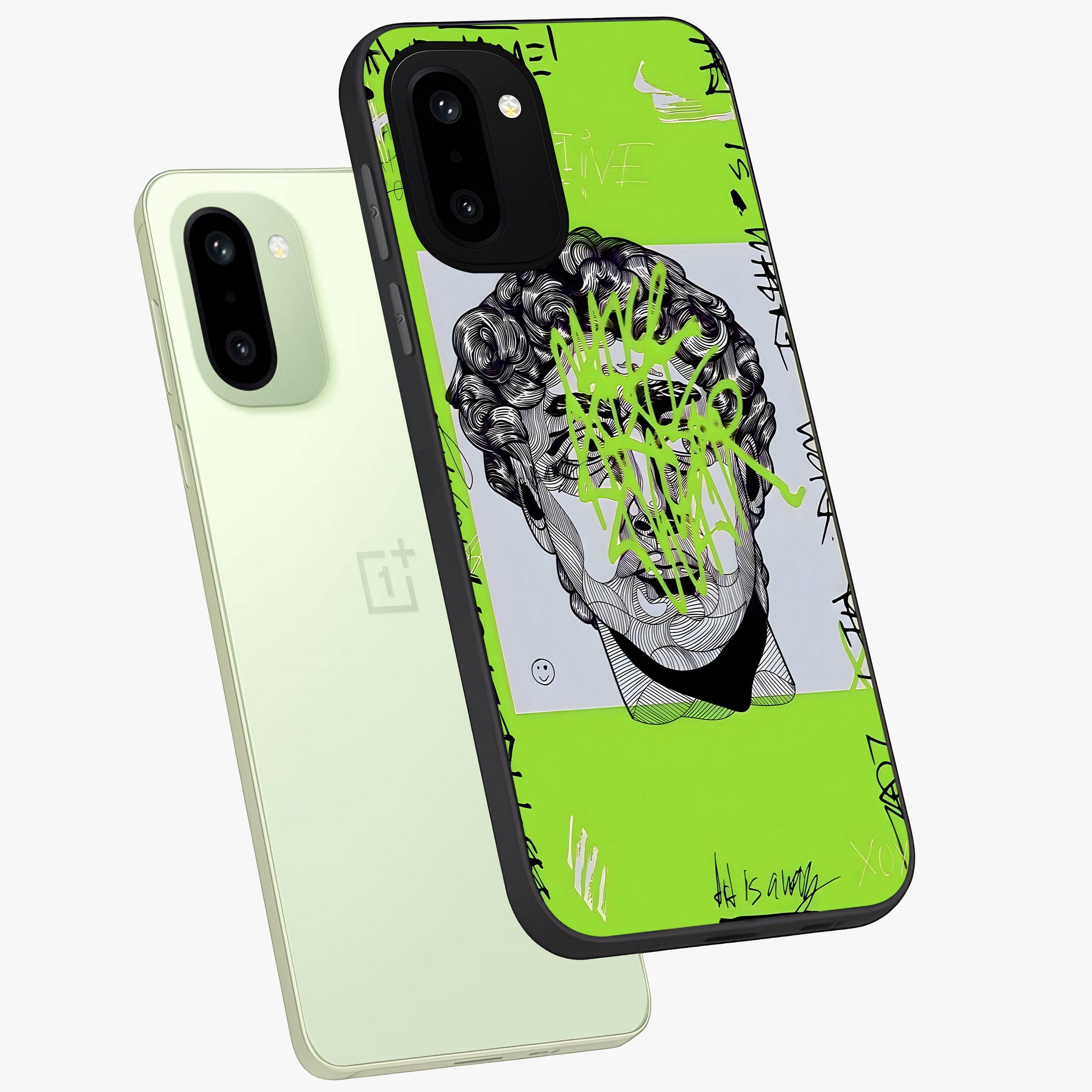 Neo Graffiti Rebellion Glass Case for 1+15R angled mockup showcasing glossy finish and urban neon detailing
