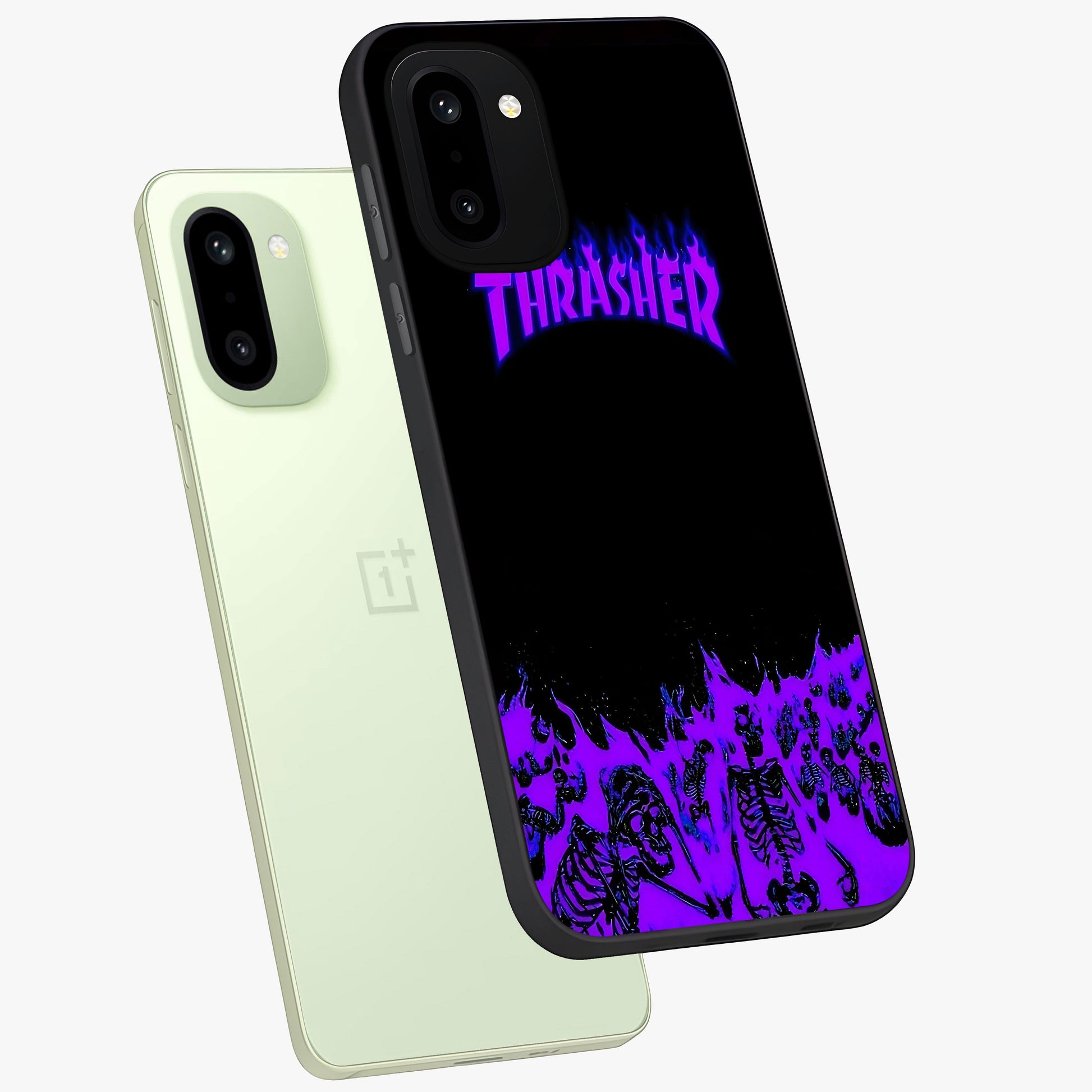 Neon Flame Riot Glass Case for 1+15R angled mockup showcasing glossy finish and high contrast colors