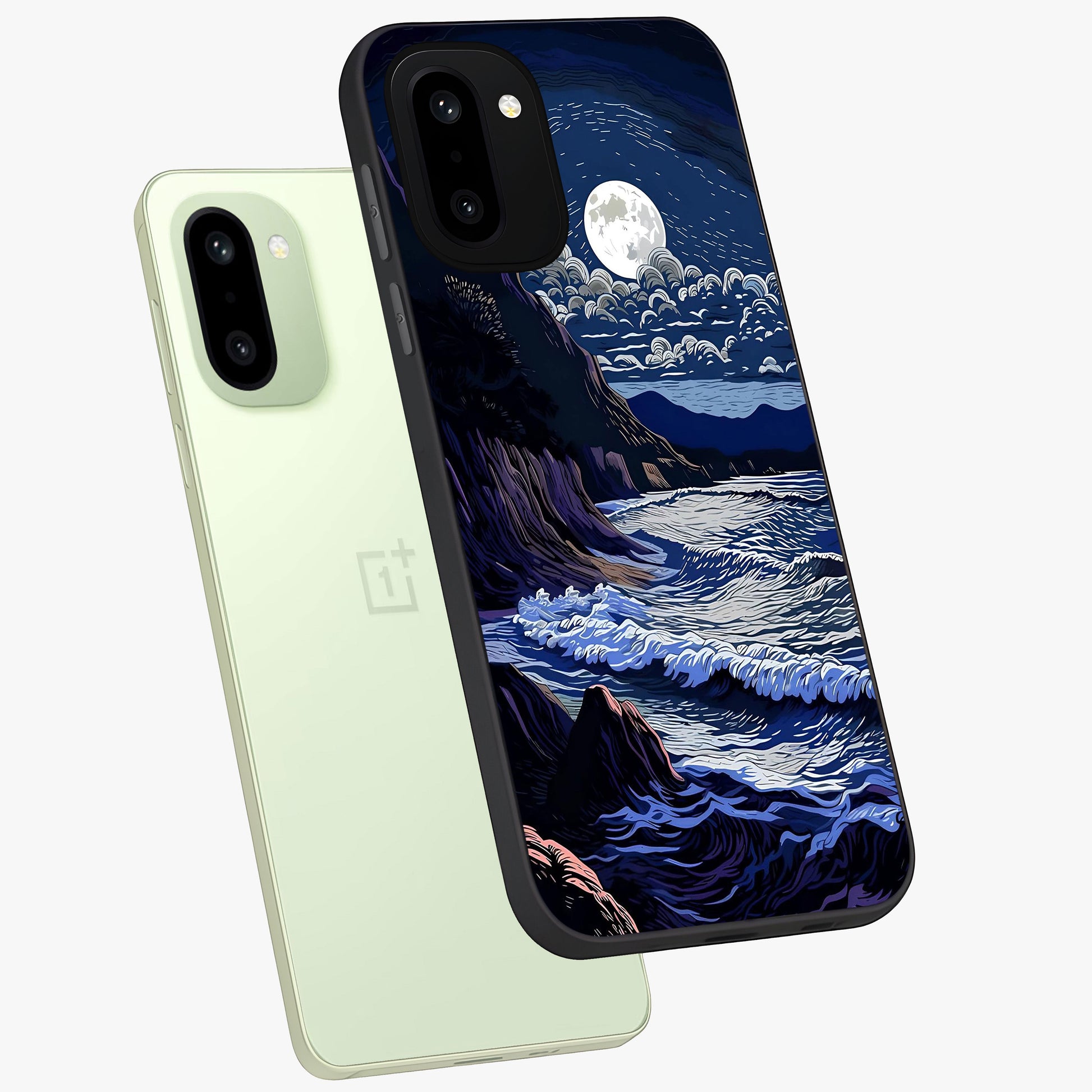 Night Moon Scenery Pattern Glass Case for 1+15R angled mockup showcasing glossy finish and deep night tones