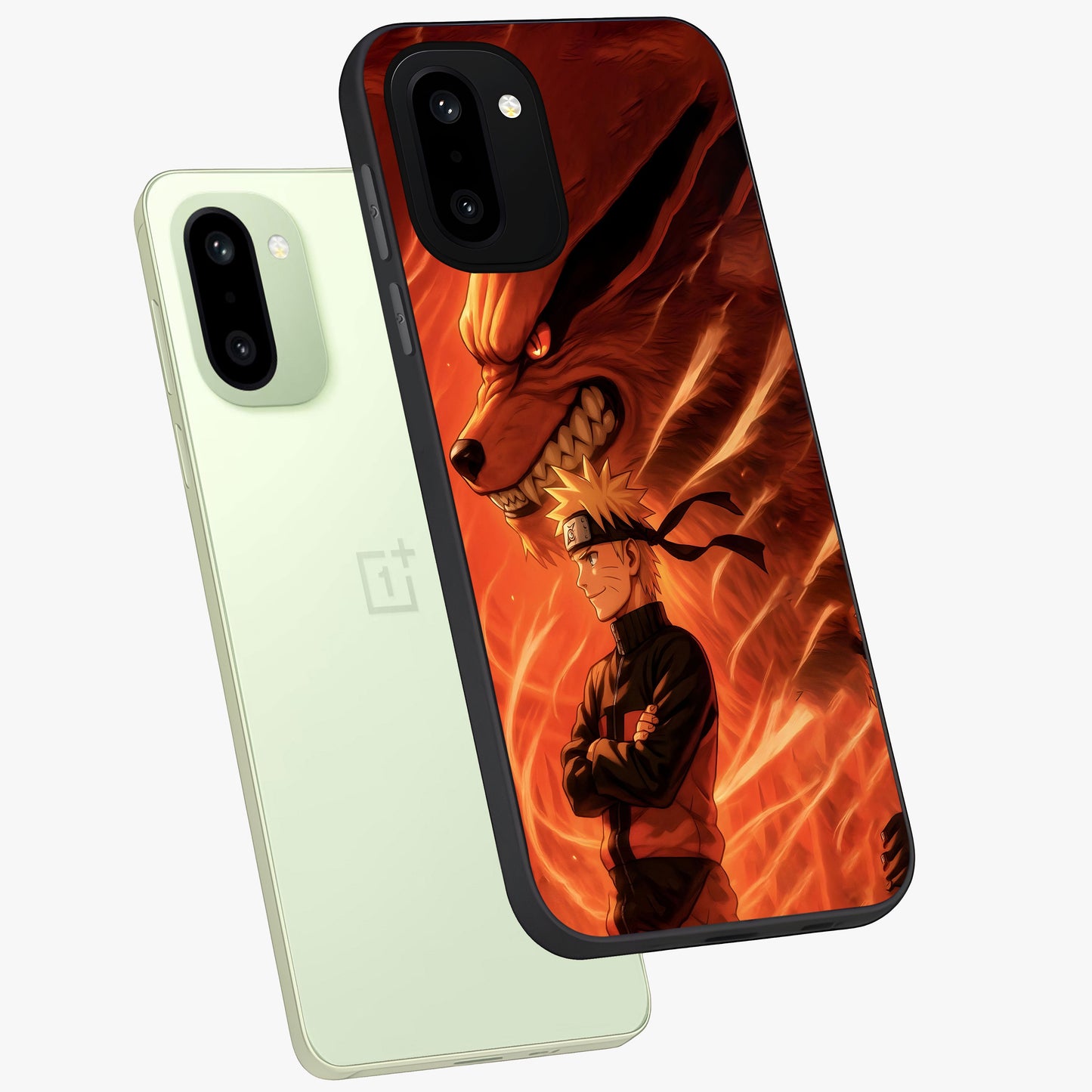 Nine Tails Legacy Glass Case for 1+15R angled mockup showcasing glossy finish and dramatic fiery tones