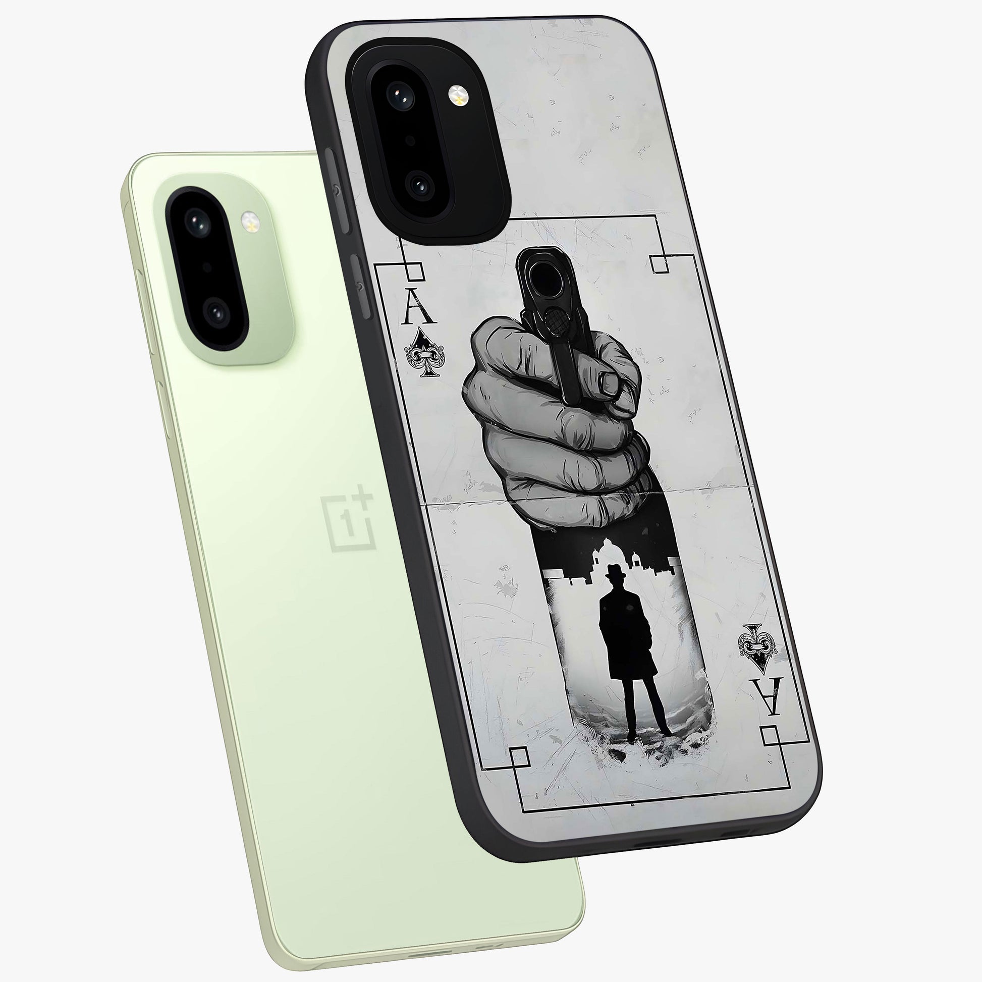 Noir Trigger Fate Glass Case for 1+15R angled mockup showcasing glossy finish and intense shadow detailing