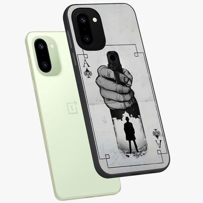 Noir Trigger Fate Glass Case for 1+15R angled mockup showcasing glossy finish and intense shadow detailing