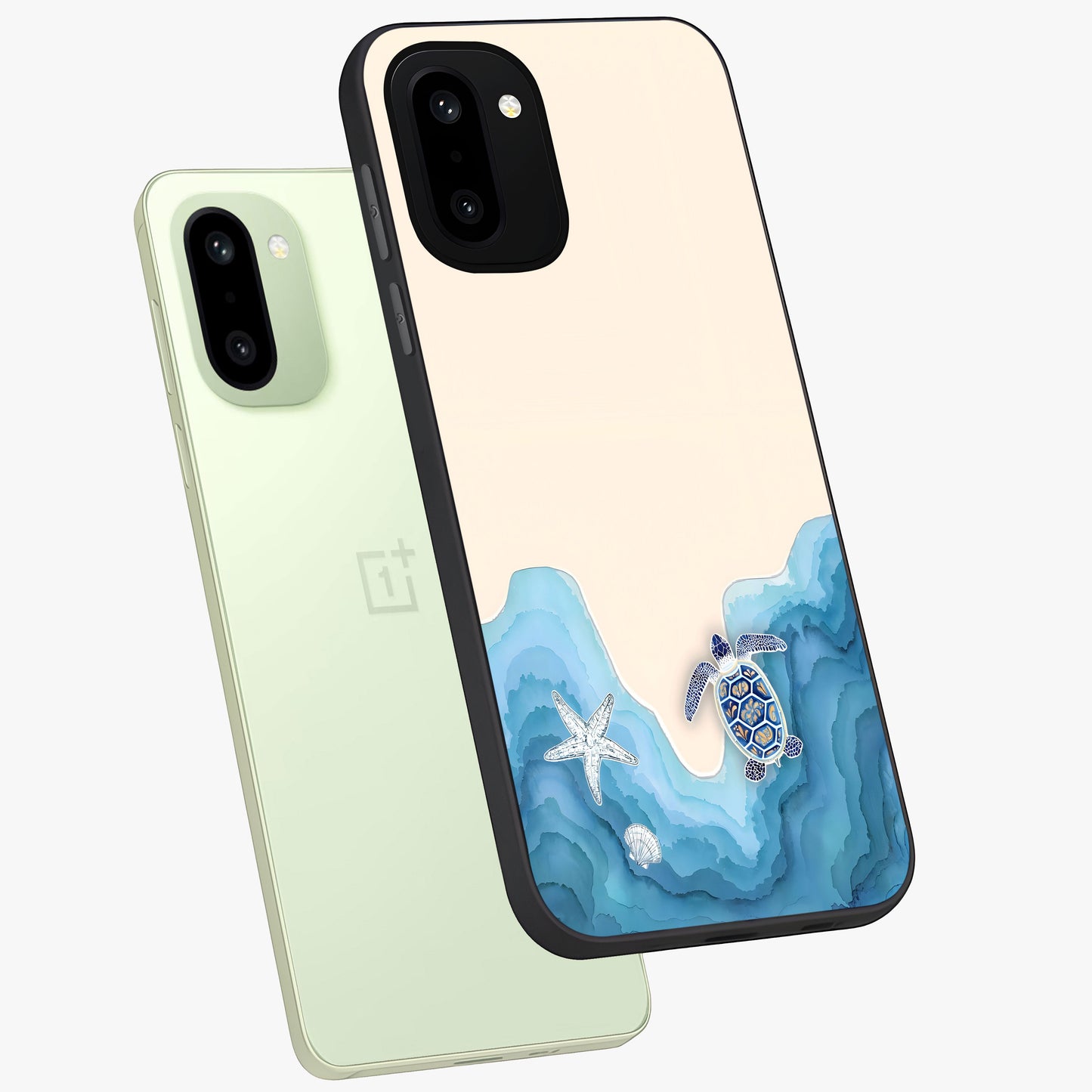 Ocean Drift Turtle Glass Case for 1+15R angled mockup showcasing glossy glass finish and fluid wave detailing