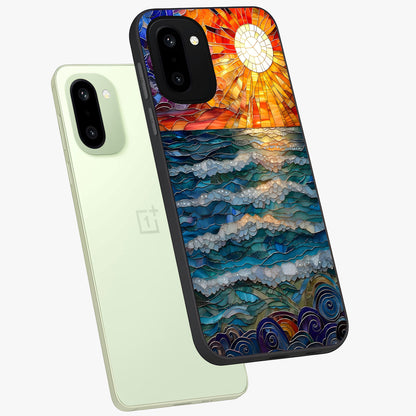 Oceanic Stained Printed Glass Case for 1+15R angled mockup showcasing glossy finish and rich aquatic tones