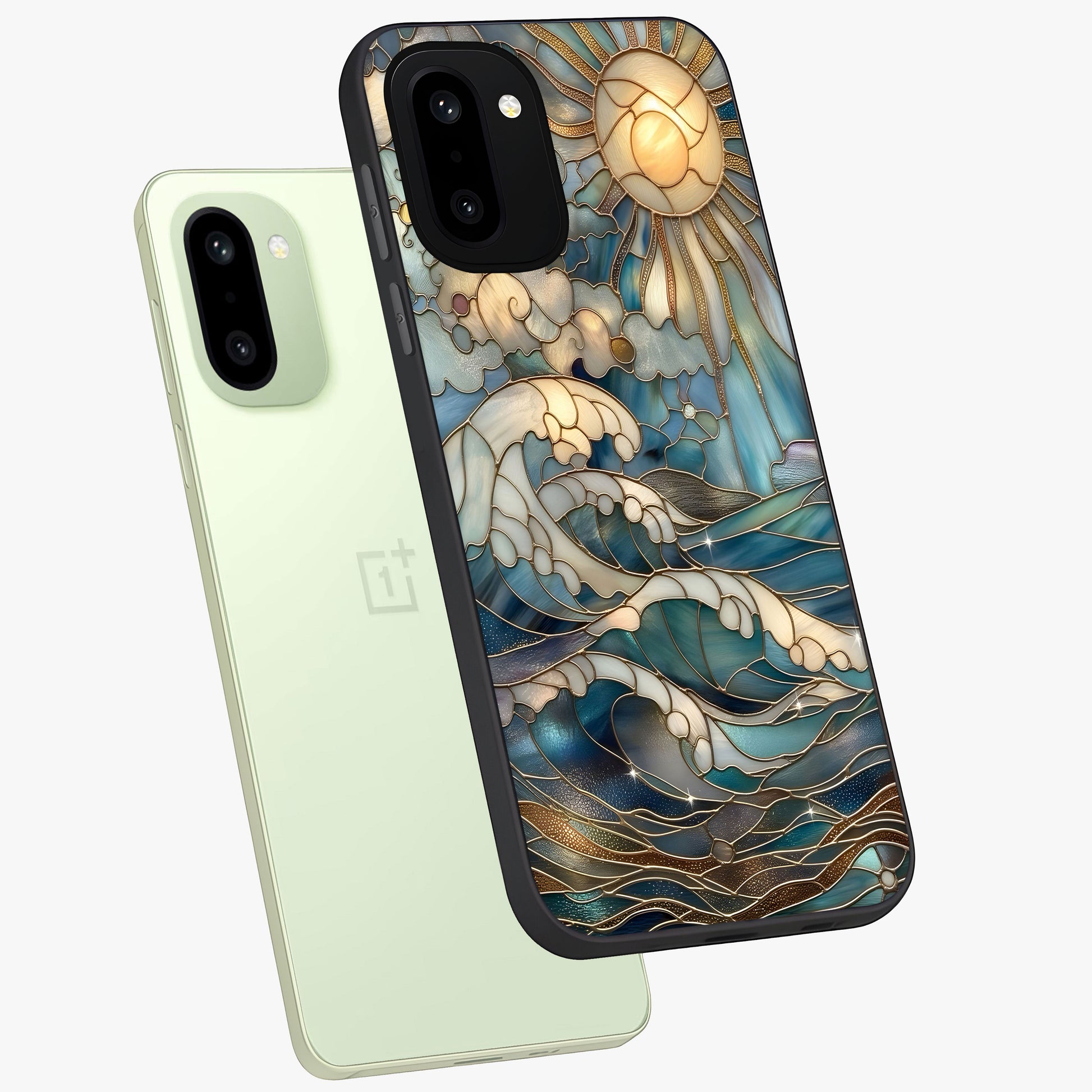 Ocean Mosaic Art Glass Case for 1+15R angled mockup showcasing glossy finish and vibrant blue detailing