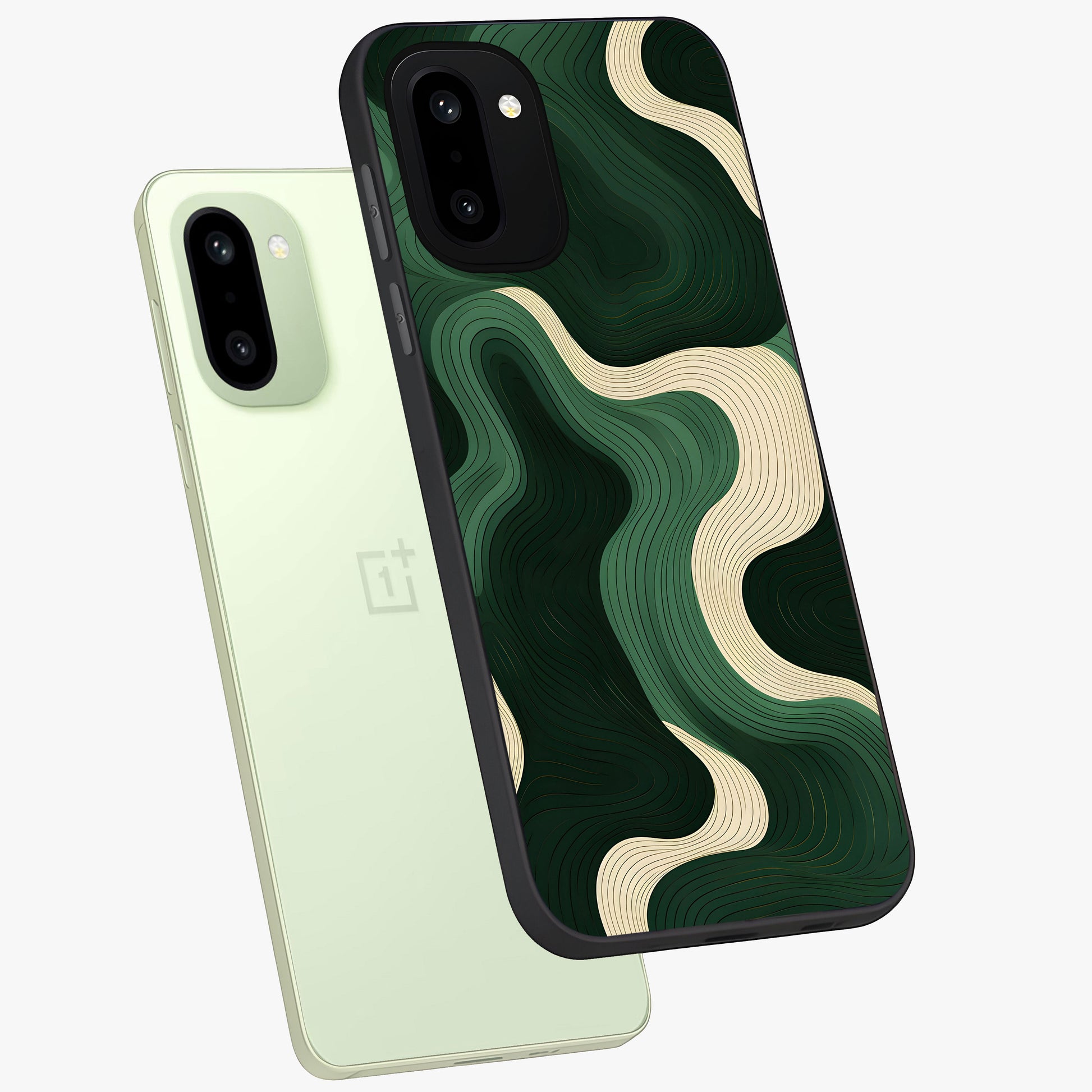 Organic Swirl Design Glass Case for 1+15R angled mockup showcasing glossy finish and smooth gradient tones
