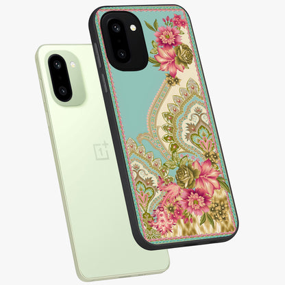 Ornate Mughal Floral Pattern Glass Case for 1+15R angled mockup showcasing glossy finish and rich heritage detailing