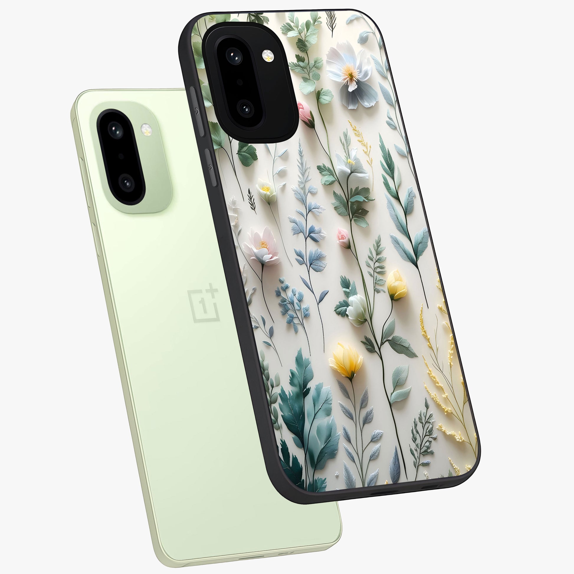 Pastel Garden Whispers Glass Case for 1+15R angled mockup showcasing glossy finish and gentle bloom tones