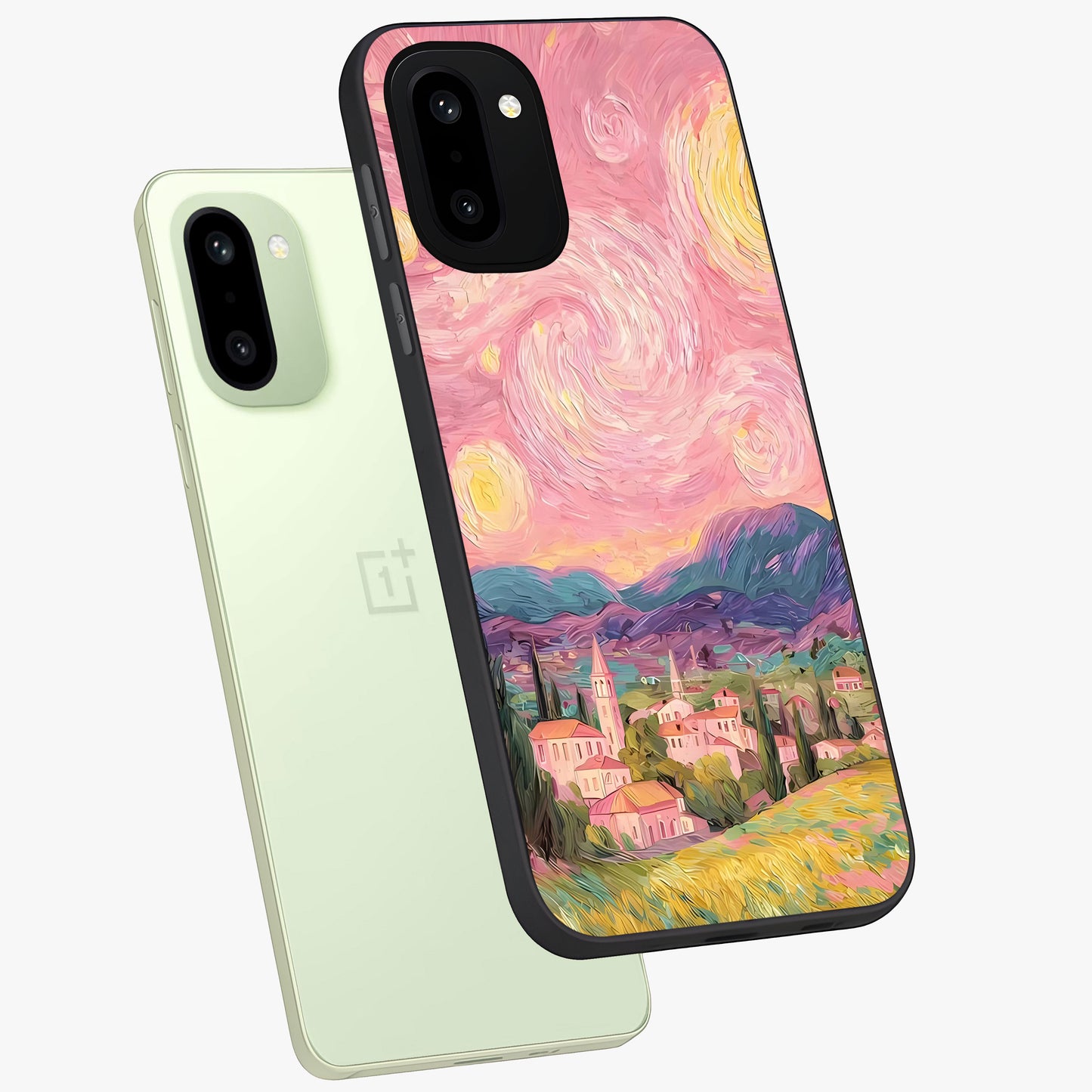 Pastel Starry Village Glass Case for 1+15R angled mockup showcasing glossy finish and soft celestial tones
