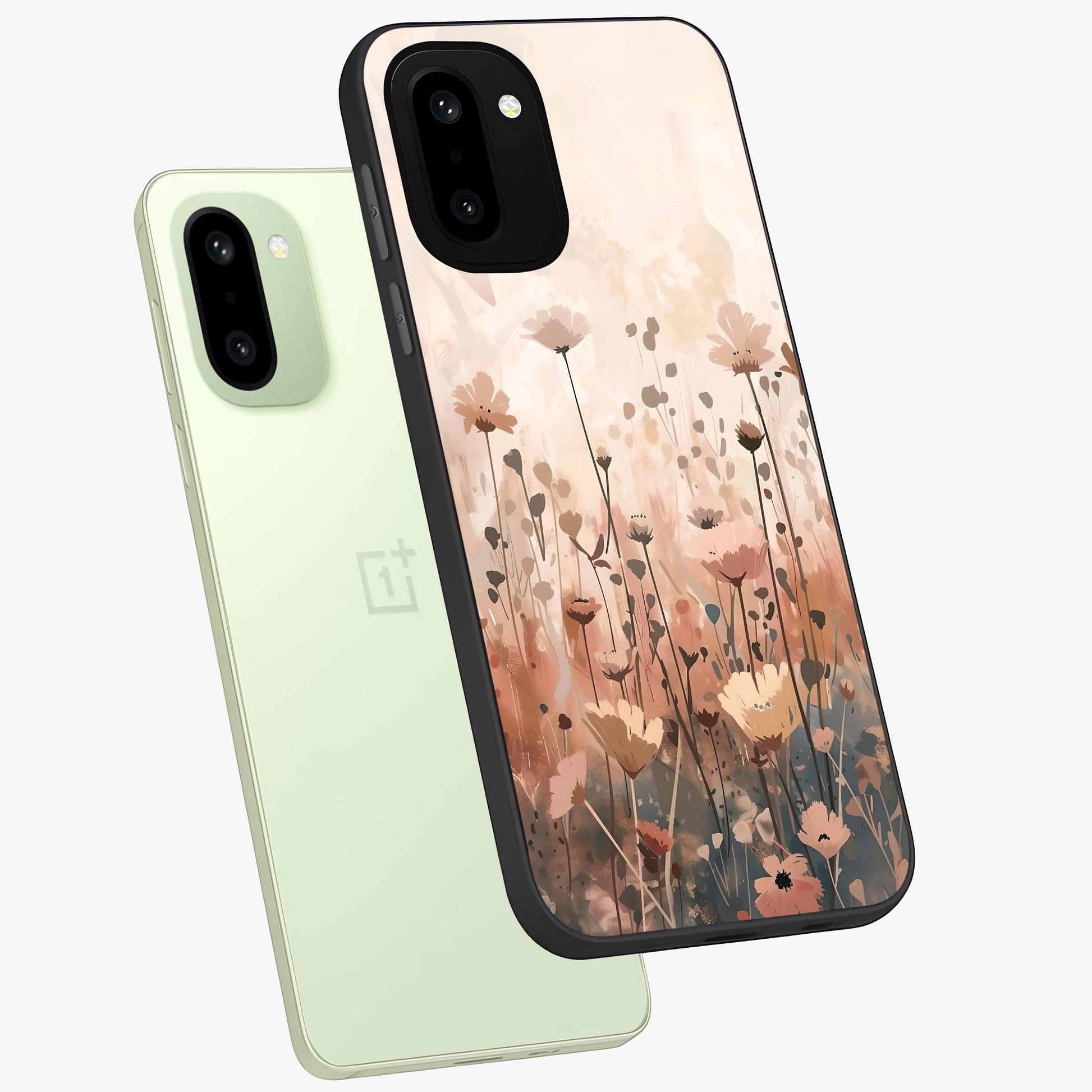 Pastel Wildflowers Glass Case for 1+15R angled mockup showcasing glossy finish and fresh floral detailing
