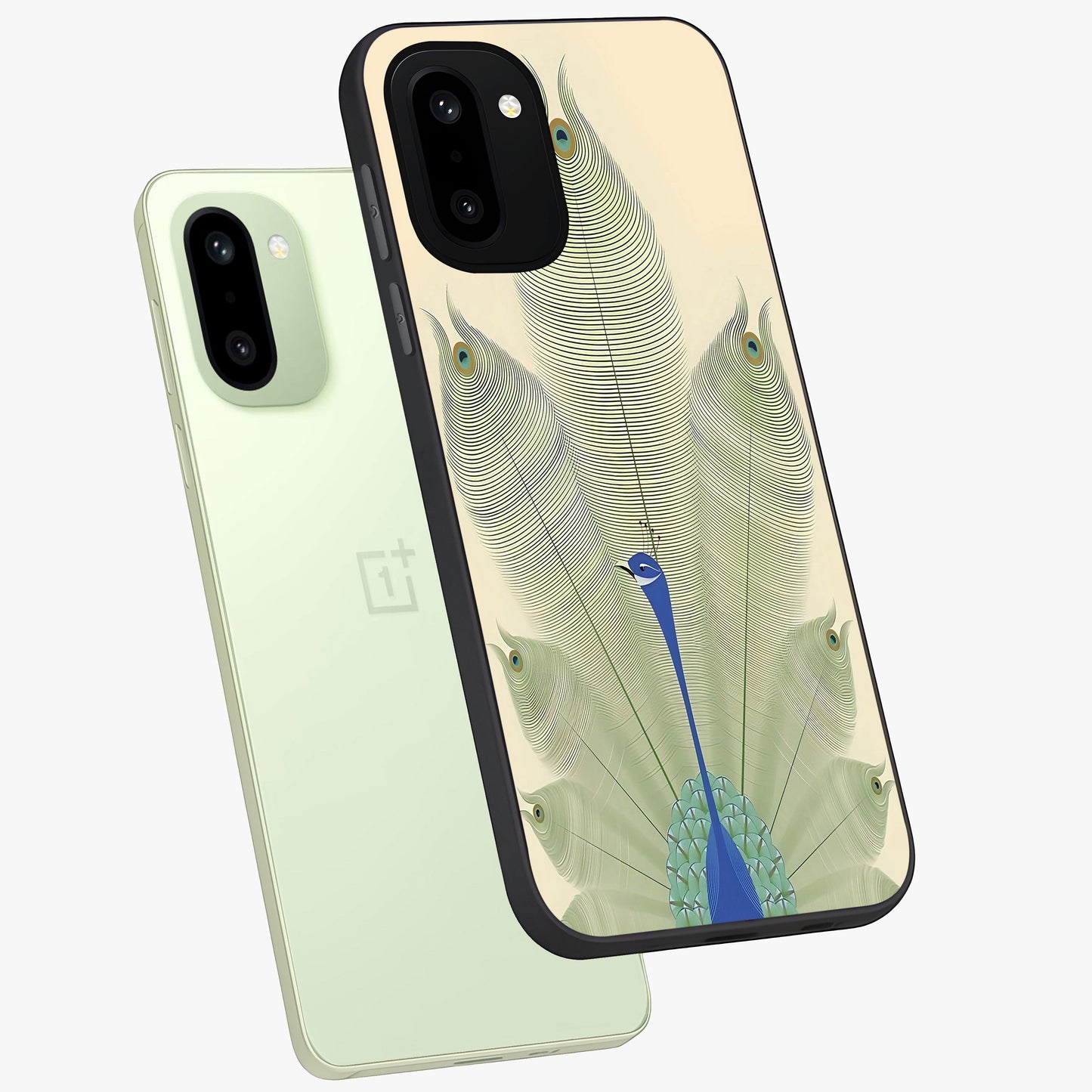 Peacock Feather Grace Glass Case for 1+15R angled mockup showcasing glossy glass finish and vibrant feather tones