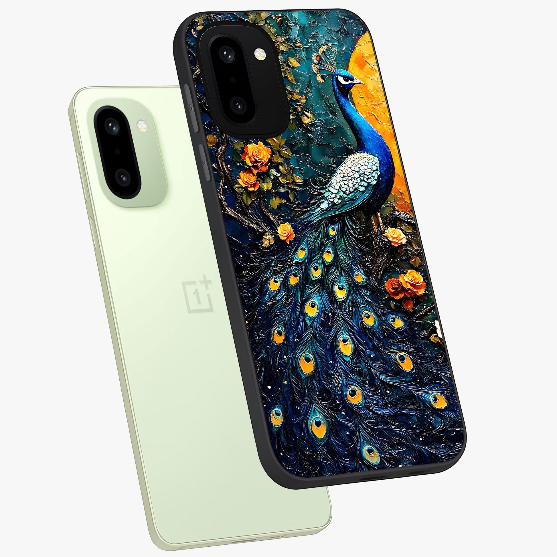 Peacock With Yellow Moon Glass Case for 1+15R angled mockup showcasing glossy finish and deep night tones