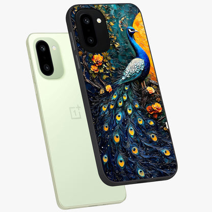Peacock With Yellow Moon Glass Case for 1+15R angled mockup showcasing glossy finish and deep night tones