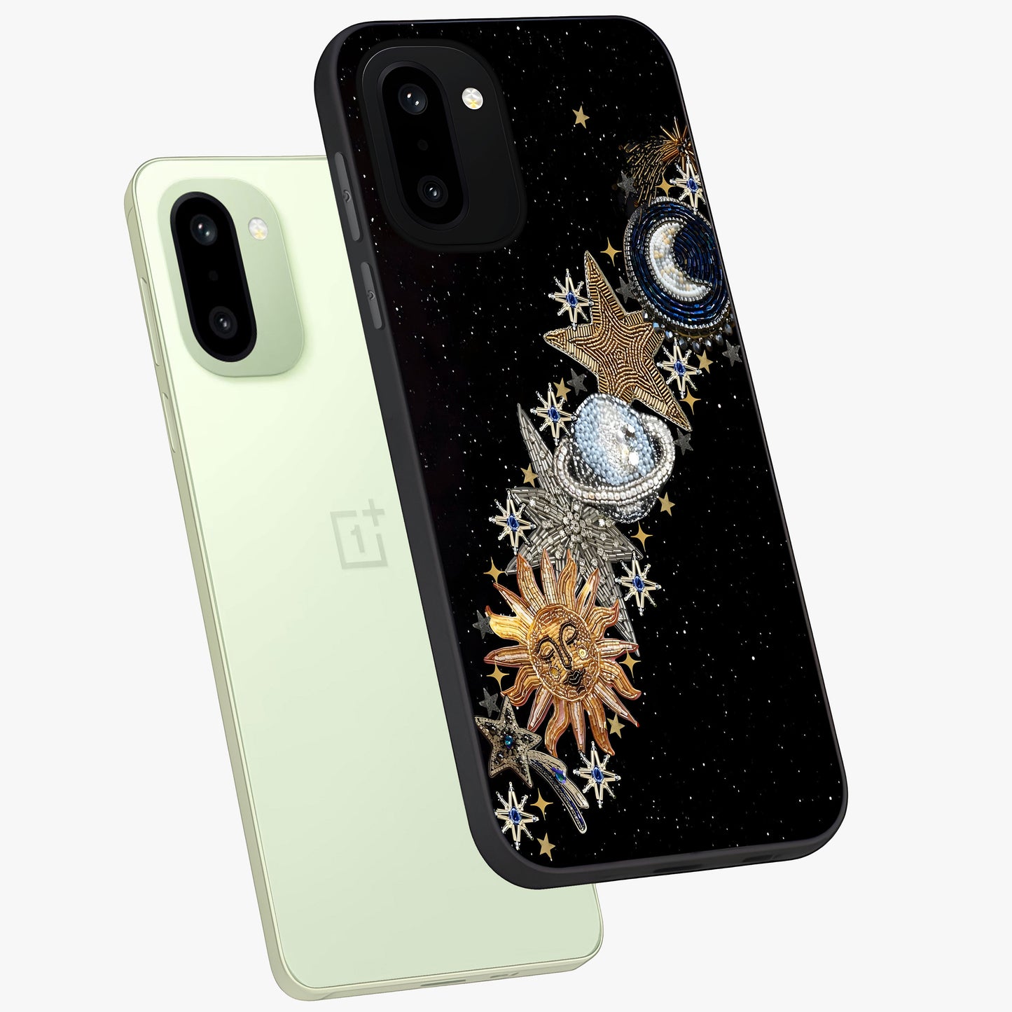 Pearls Universe Object Glass Case for 1+15R angled mockup showcasing glossy finish and luminous celestial tones