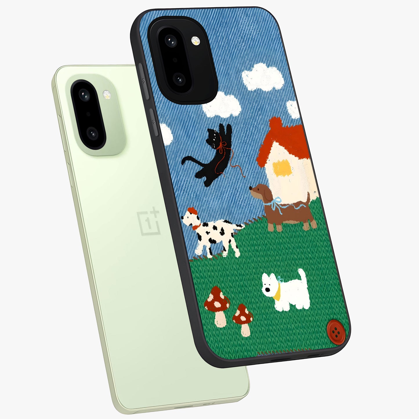 Pet Adventures Glass Case for 1+15R angled mockup showcasing glossy finish and vibrant cartoon tones