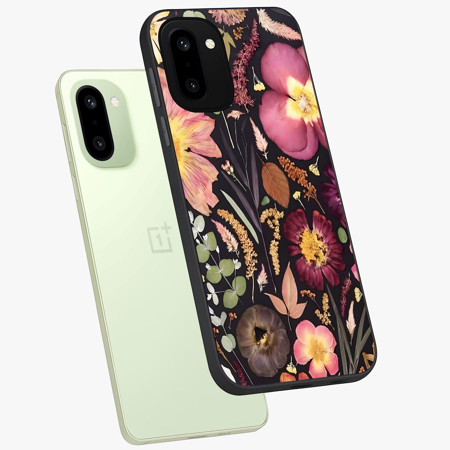 Petal Dream Tapestry Glass Case for 1+15R angled mockup showcasing glossy finish and rich bloom detailing