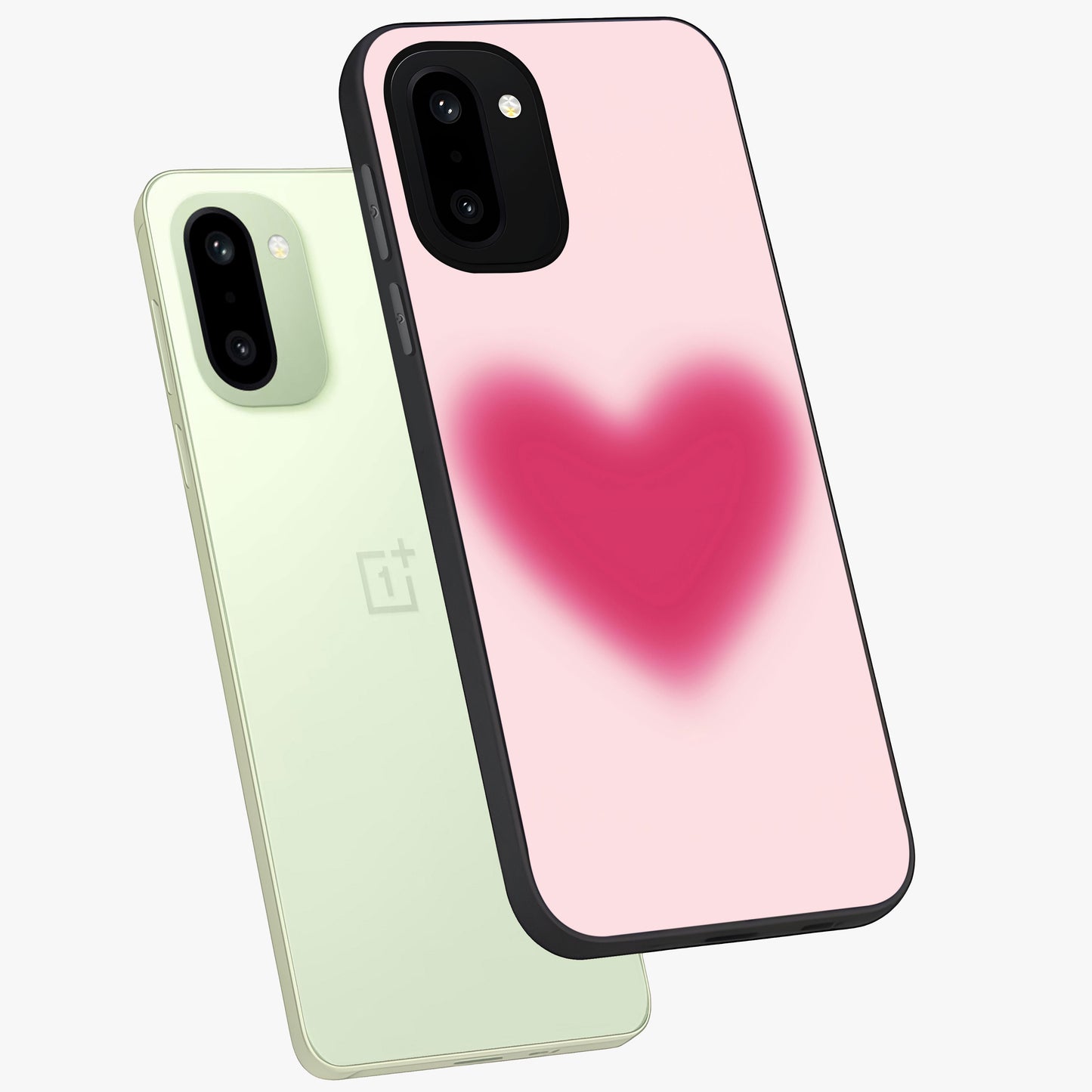 Pink Aura Heart Glass Case for 1+15R angled mockup showcasing glossy glass finish and radiant aura detailing