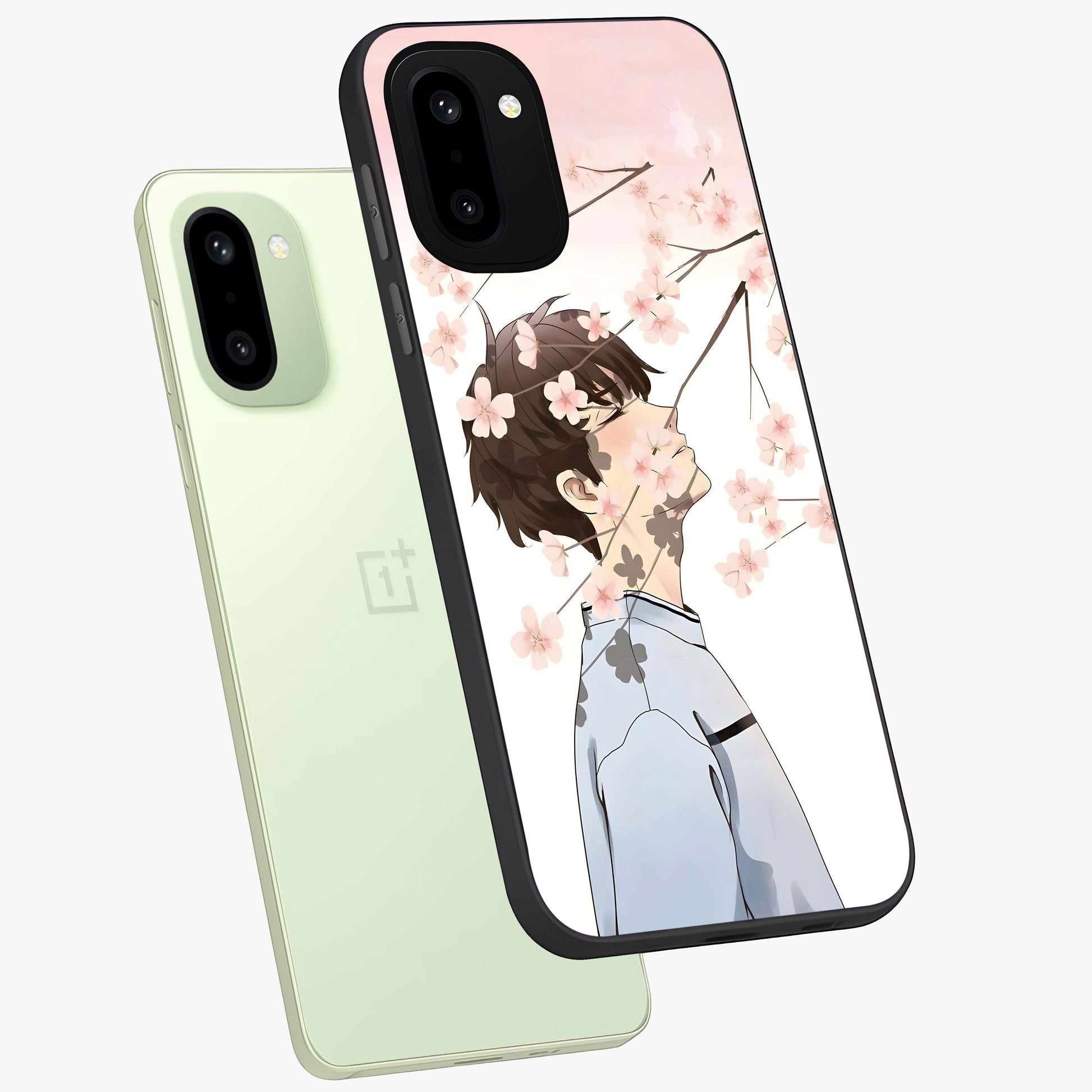 Pink Blossom Boy Glass Case for 1+15R angled mockup showcasing glossy finish and soft bloom tones